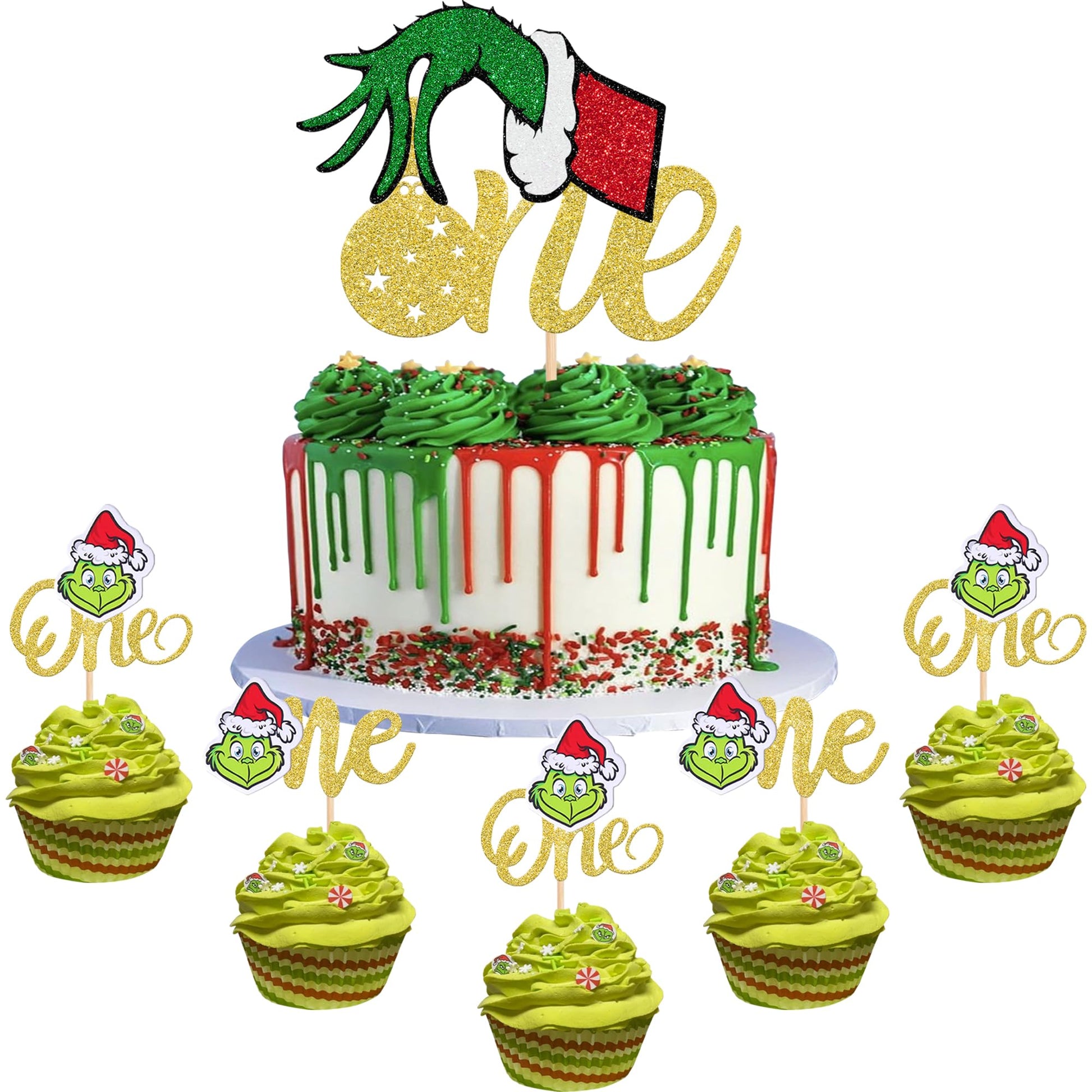 25 Pack Christmas One Cake Topper with Glitter Christmas Hand First Birthday Cake Topper Picks Decorations for Christmas Theme Baby Shower 1st Birthday Party Decorations Supplies Gold -Like New
