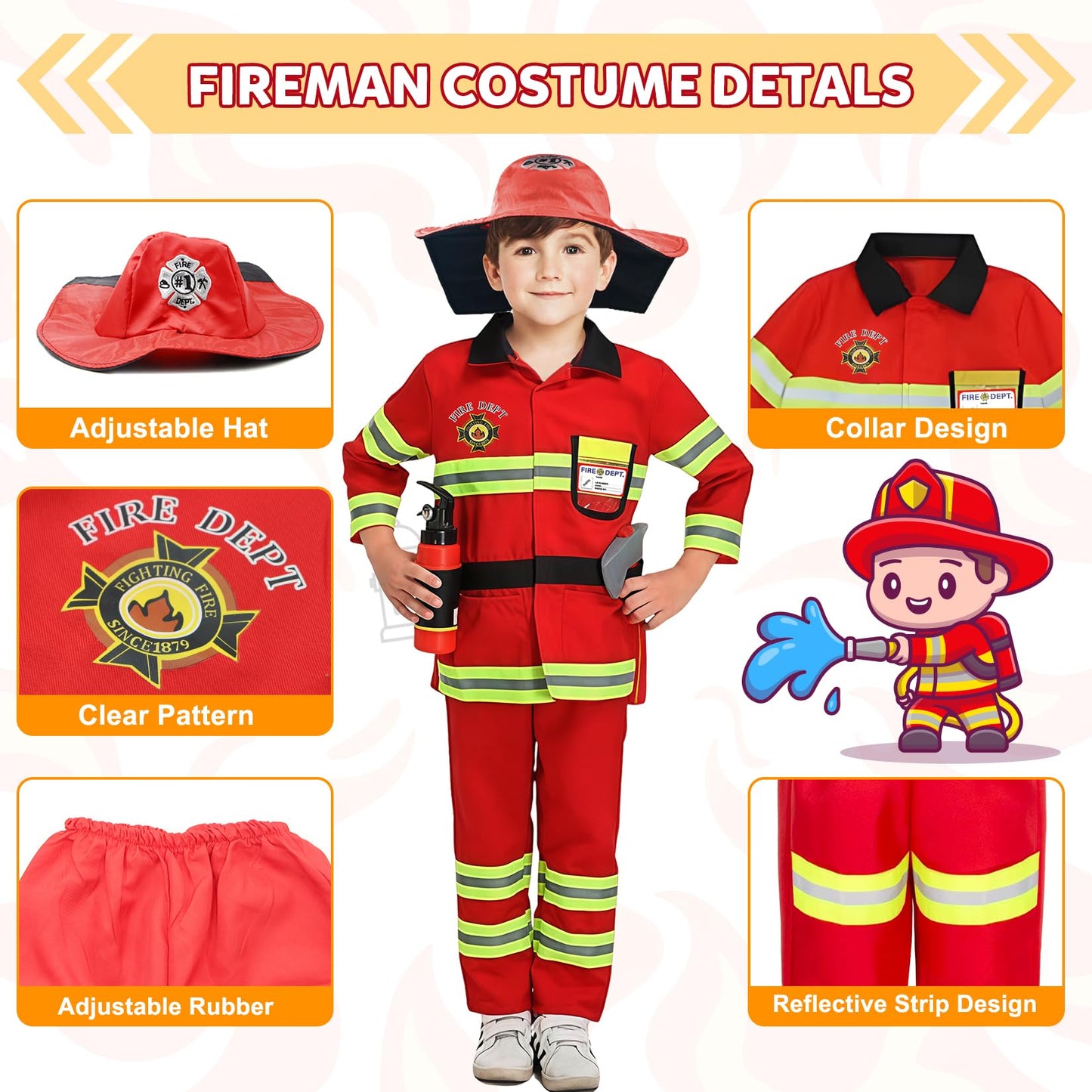 Rizuko Firefighter Costume For Kids With Tool,Fireman Outfit Toys For Boys And Girls Birthday Halloween Party Dress Up 8Pcs (Red