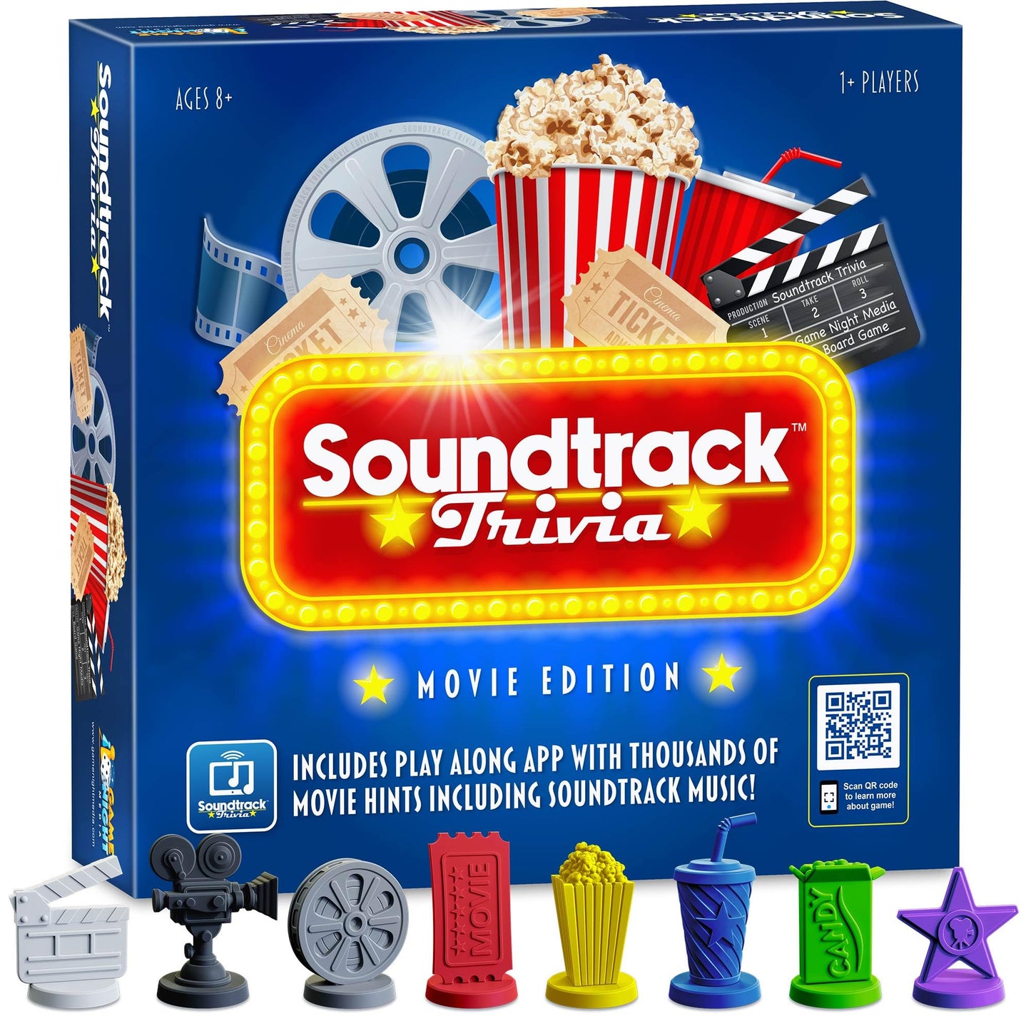 GAME NIGHT MEDIA Soundtrack Trivia Movie Game with Bluetooth Speaker, Hand Painted Pieces, 10.5"x10.5", Multi-color, Ages 8+