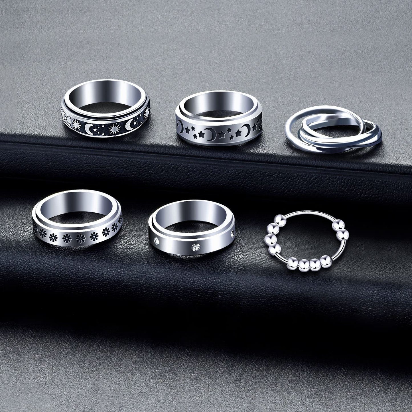 Mucal Anxiety Ring For Women Men 6Pcs Stainless Steel Anti Anxiety Rings With Beads Fidget Ring For Anxiety Spinner Rings For Anxiety Relief,Silver,Mucal Anxiety Rings