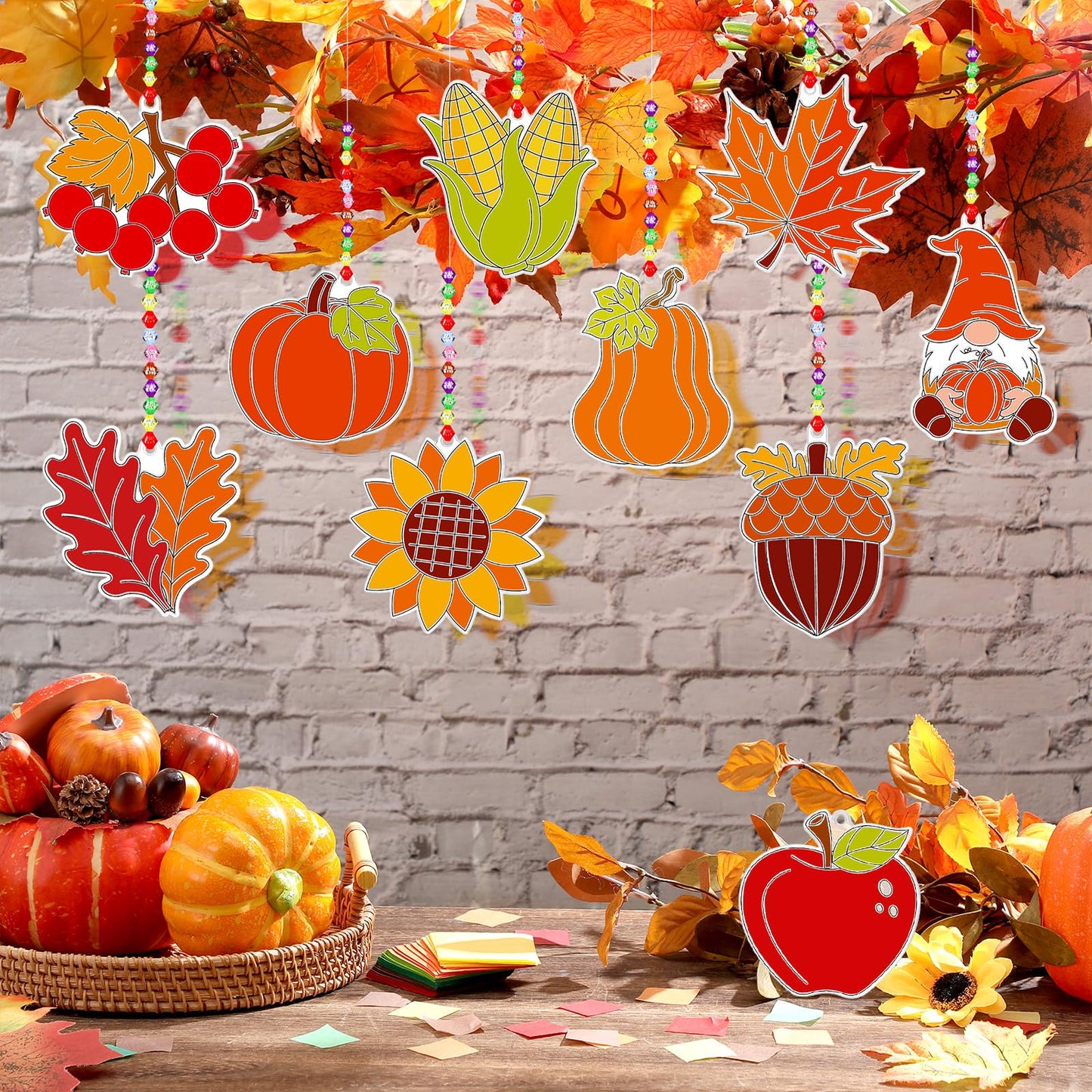 Beeveer 30 Sets Fall Plant Suncatchers Art Kits DIY Thanksgiving Pumpkin Maple Leaf Acorn Suncatcher Crafts Paint Your Own Windo