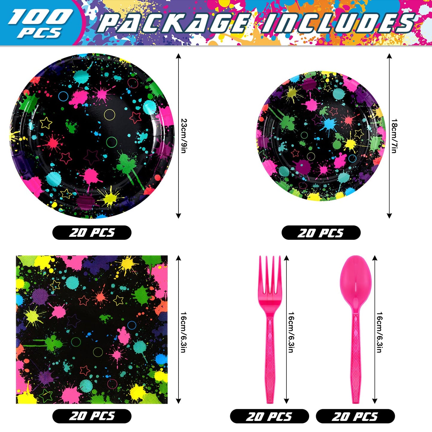 Spiareal 100 Pcs Glow Party Supplies Neon Party Plates Napkins Tableware Neon Glow Birthday Colorful Graffiti Party Decoration F