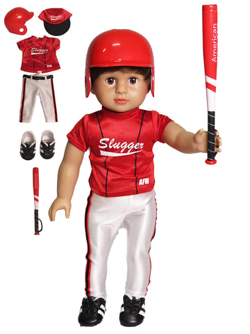 American Fashion World Red Baseball Uniform for 18-Inch Dolls | Accessories Included | enhanced Quality & Trendy Design | Dolls Clothes | Outfit Fashions for Dolls for Popular Brands