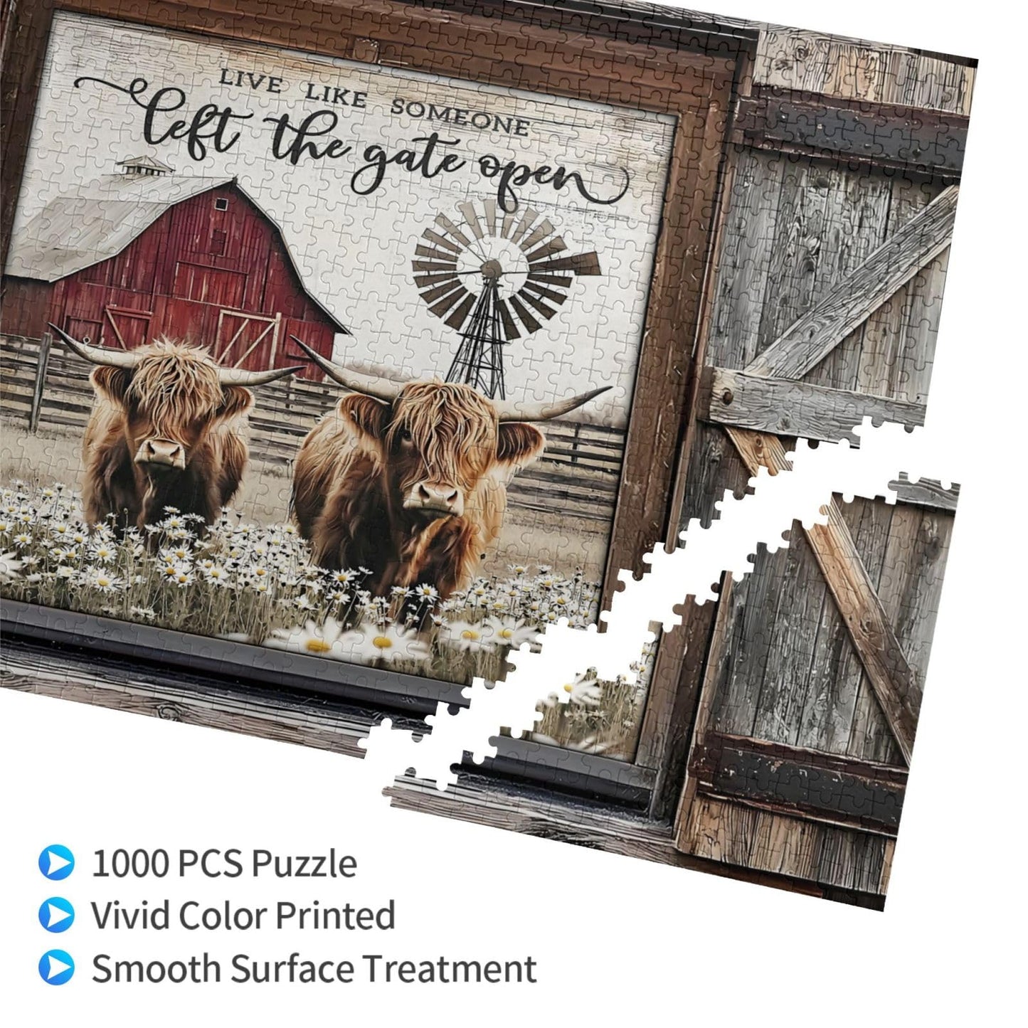 Highland Cow Jigsaw Puzzles 1000 Pieces for Adults, Farm Animal & Daisies Country Scene, Rustic Window View Wooden Puzzle, Relax