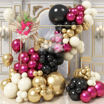 Balloon Arch Garland Kit, Double Stuffed Metallic Chrome Hot Pink And Gold Black White Sand Fuchsia Latex Party Balloons For Gir