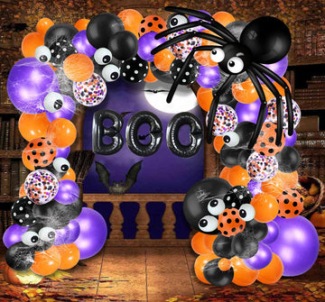 Bonropin Halloween Balloon Garland Arch Kit With Halloween Spider Web, Boo Aluminum Foil Banner Balloons, Spider Balloons, Black