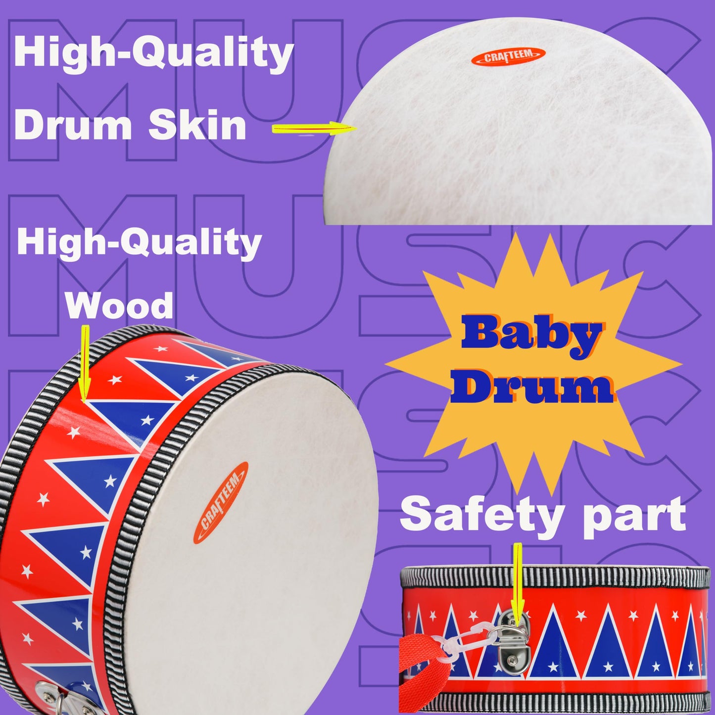 Crafteem Wooden Kids Drum Set For Toddlers - Baby Musical Toy W/Wrist Bells, Drum Sticks & Fun Drum Instrument For Boys & Girls