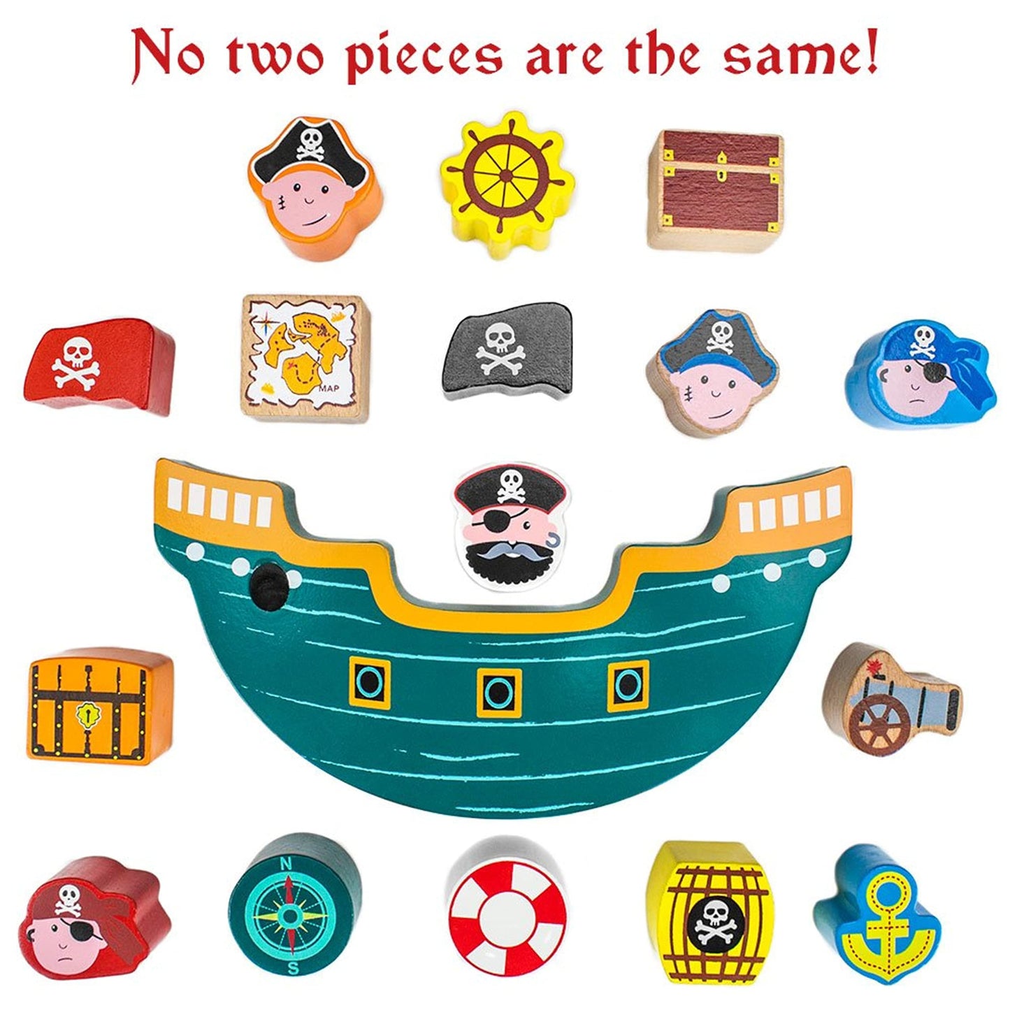 Imagination Generation Wooden Wonders Balancing Playset | Develops Dexterity, Motor Skills, Sharing Skills | Safe Wood & Paint | 18 Pc Pirate Boat Playset