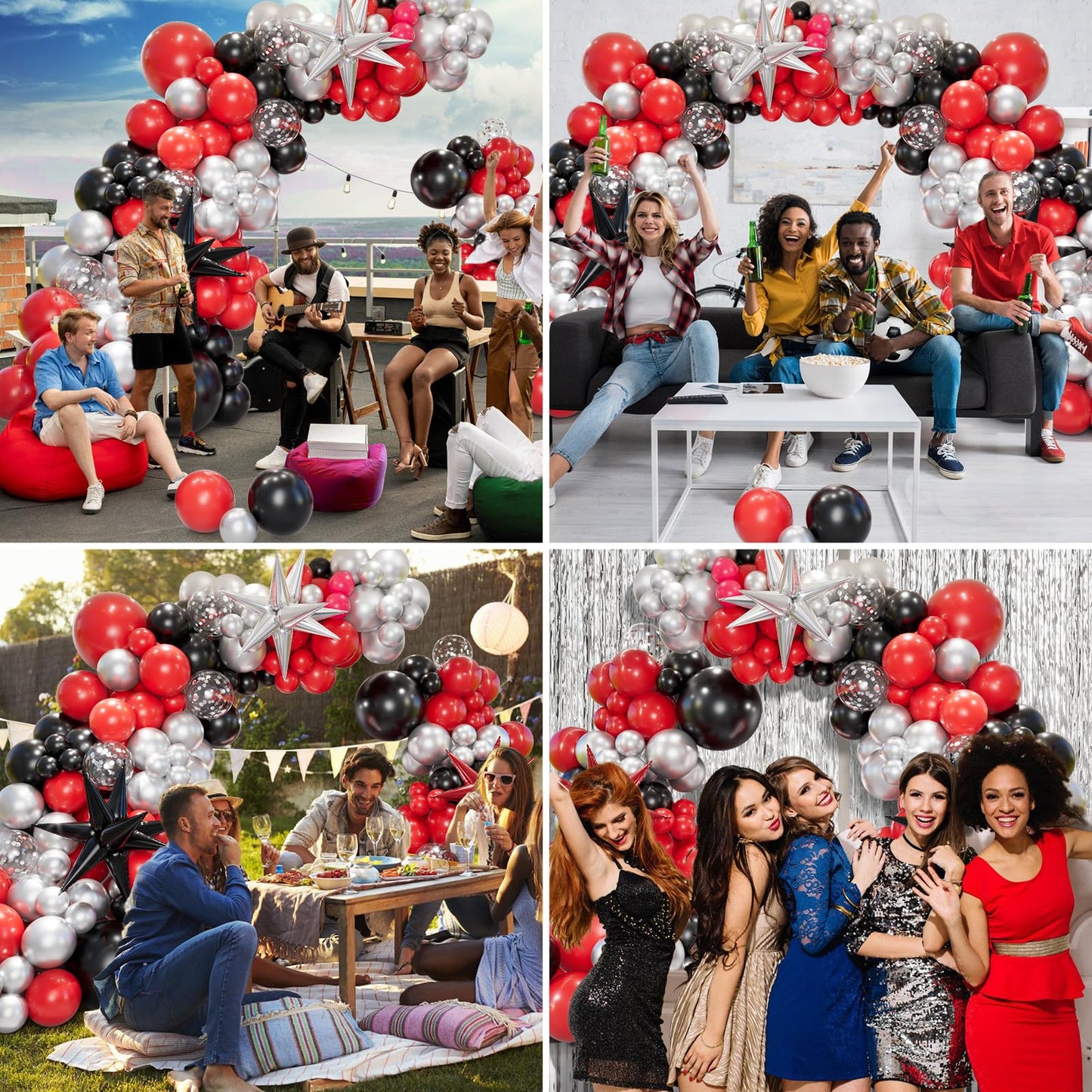 Bonropin 161Pcs Red And Black Balloon Arch Kit With Explosion Star Balloons, 5/10/12/18In Red Black And Metallic Silver Balloons