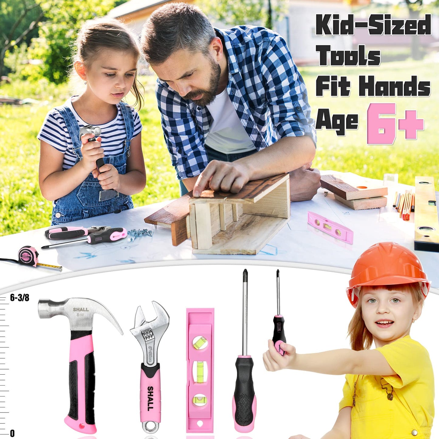 SHALL 26-Piece Kids Size Tool Set, Pink Real Tools for Kids with 12'' Tool Bag, Safety Certified Children Learning Tool Kit with