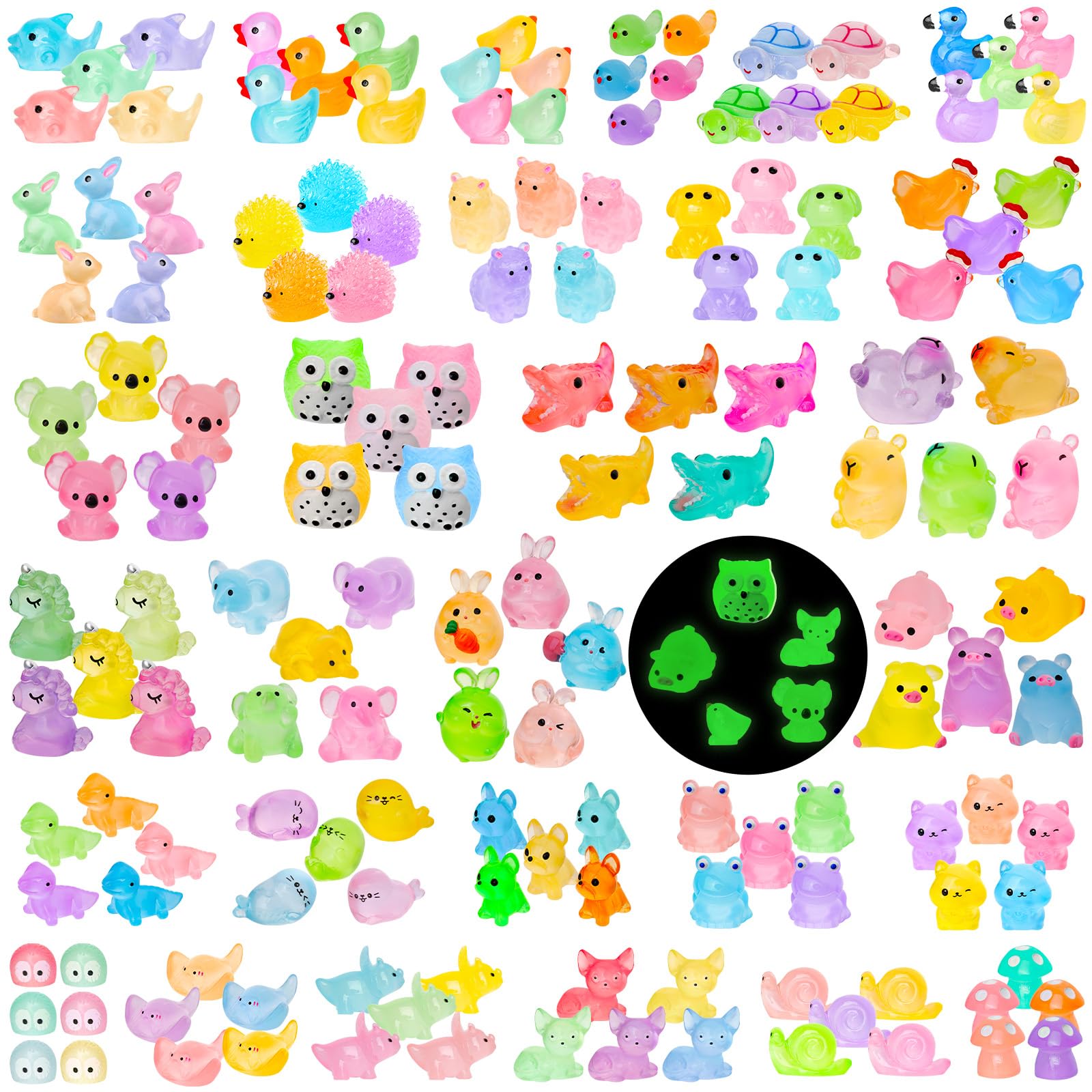 200pcs Luminous Mini Resin Animals 30 Types Miniature Resin Animal Figurines to Hide Bulk Glow in The Dark Tiny Ducks Frogs Small Cat Bunnies for Fairy Garden Micro Landscape Dollhouse Accessories