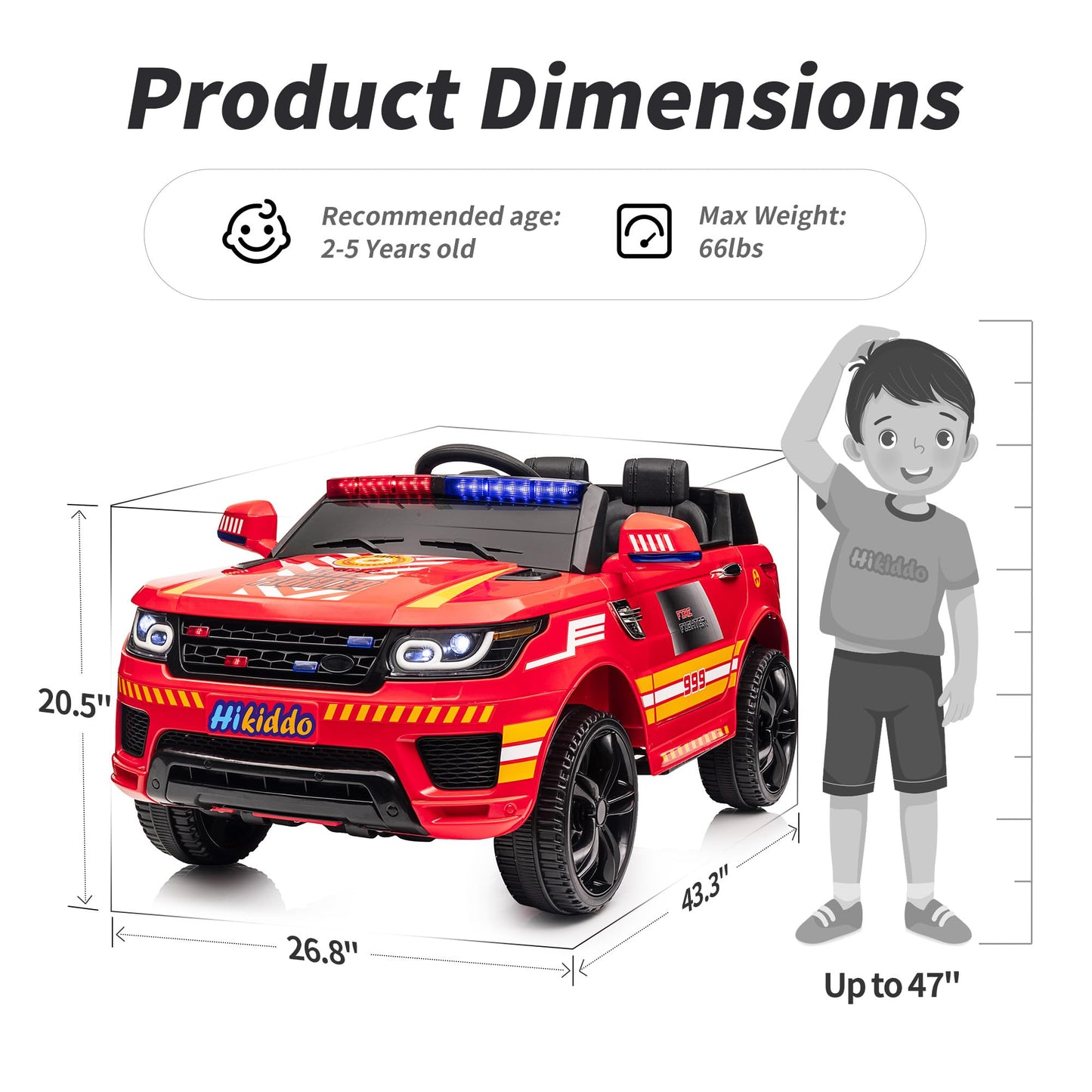 Hikiddo 24V Electric Police Car Ride-on for Kids, 24Volt Fire Truck Kids Car Ride-on Toy w/Remote Control, 2x200W Motors - Red