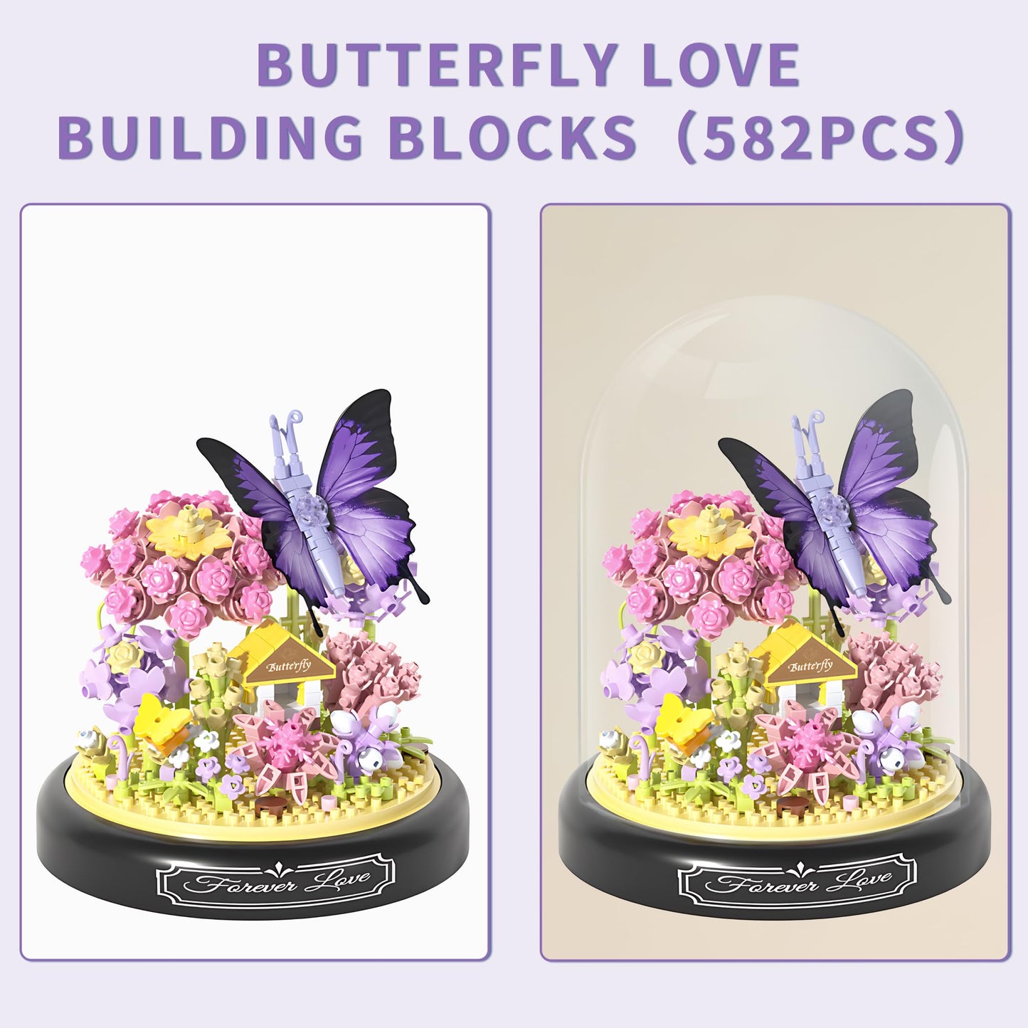582 PCS Micro Brick Flower Butterfly Bouquet Building Sets  Animals Botanical Collection Blocks Model for mature-themed Toys Home Decor and Office Art Creative Gift Women  Mom Girl - Valentines Day Gift