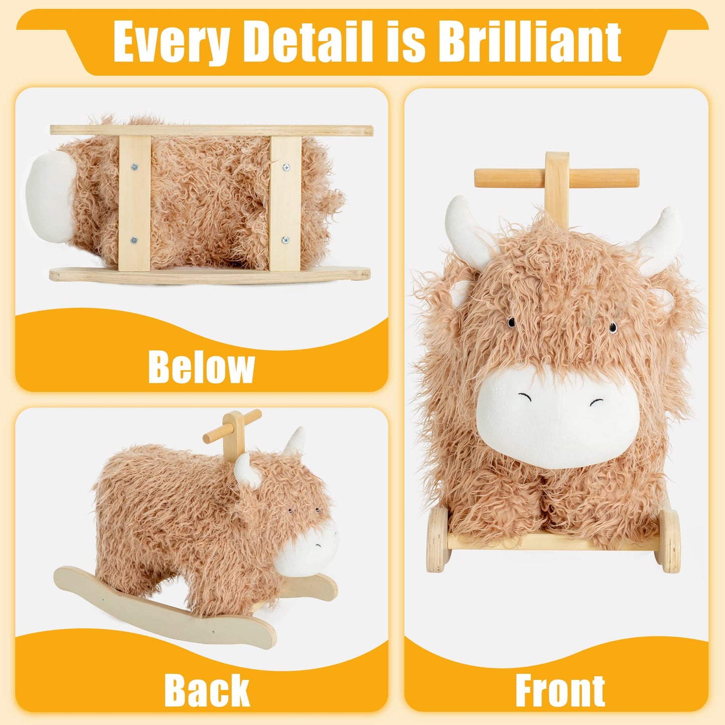 JOLIE VALLÉE TOYS Wooden Baby Rocking Horse - Large Brown Cow/Yak Ride-On Toy for 1-2 Years Old, Perfect Nursery Gift