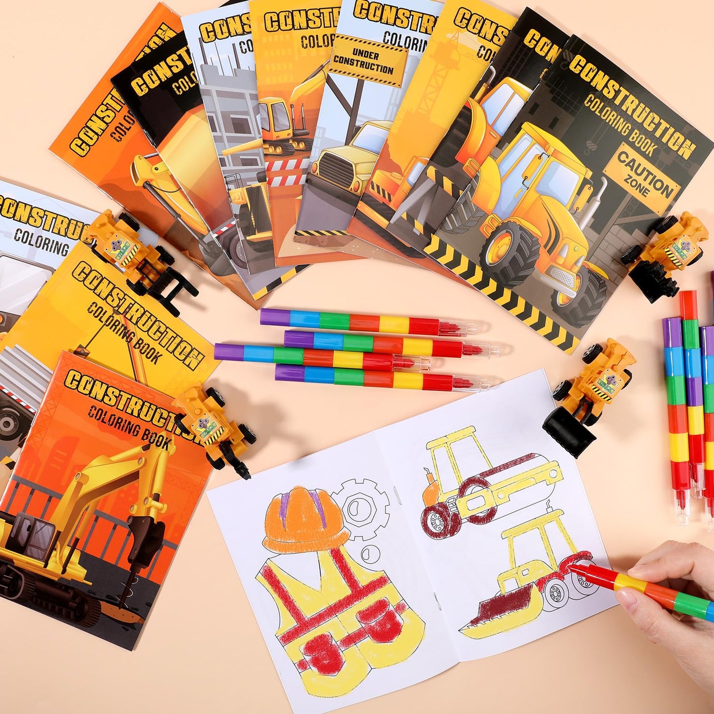 BenLouis 24 Construction Mini Coloring Books Kids with 24 Stacking Crayons Excavator Theme Party Favors Activity Books Bulk for