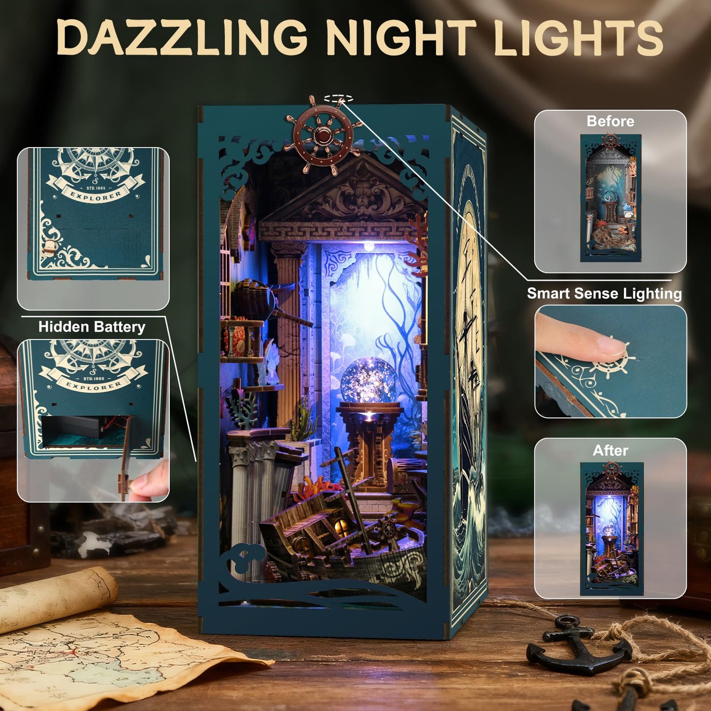 Book Nook Kits for mature-themeds - Ocean Mystery 3D Puzzle with LED | Pirate Shipwreck Diorama & Seashell Decor | Unique Gifts for Adventure Lovers (Blue)