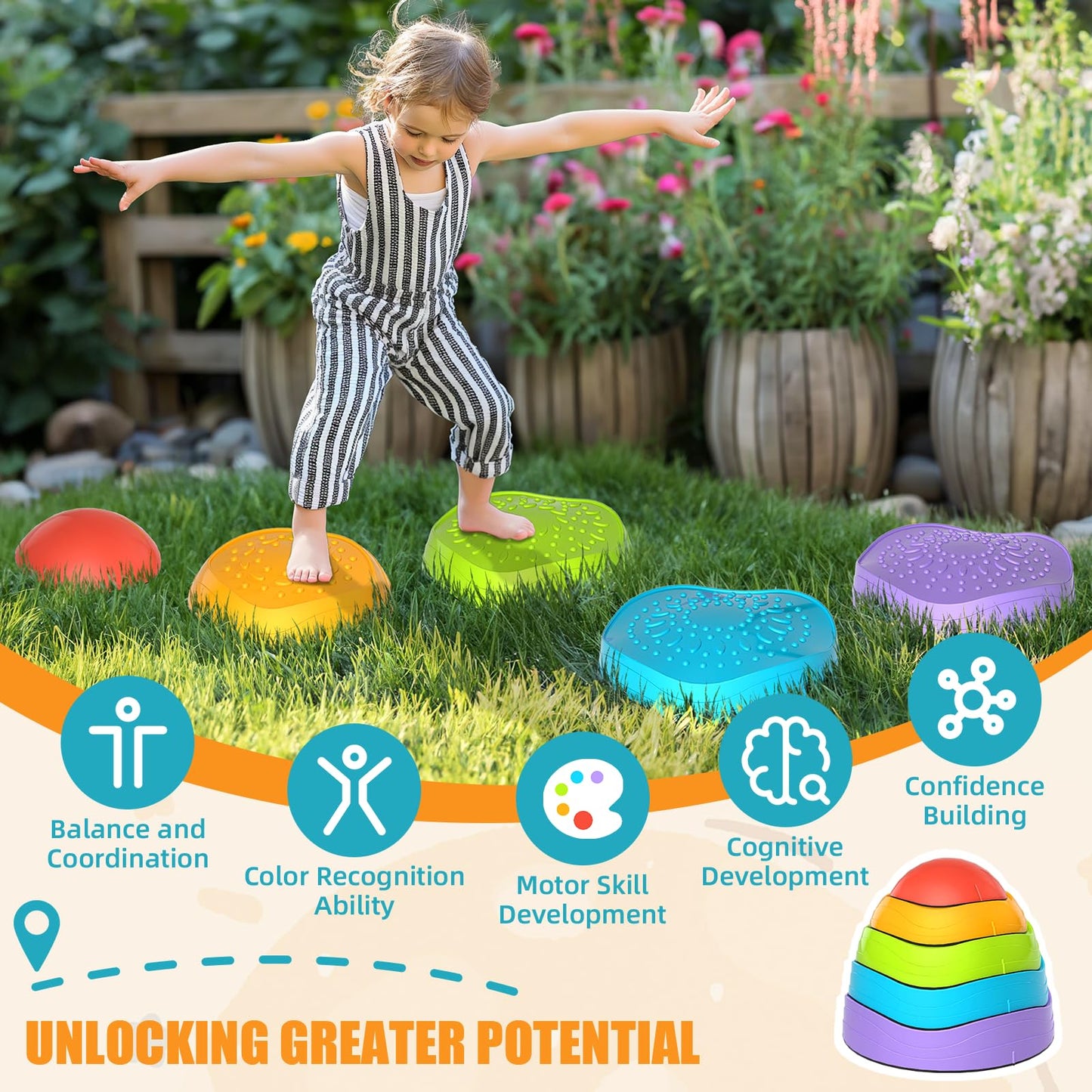 Cl Fun Balance Stepping Stones For Kids, Non-Slip Sensory Stepping Stones With Storage Bag And Color Spinner To Enhance Balance,