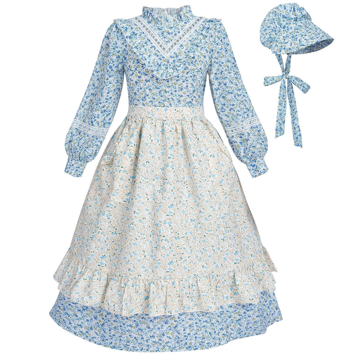FCCAM Prairie Colonial Dress Girls Long Sleeve Pioneer Dress Costume Floral Pioneer Girl Laura Ingalls Wilder Blue S