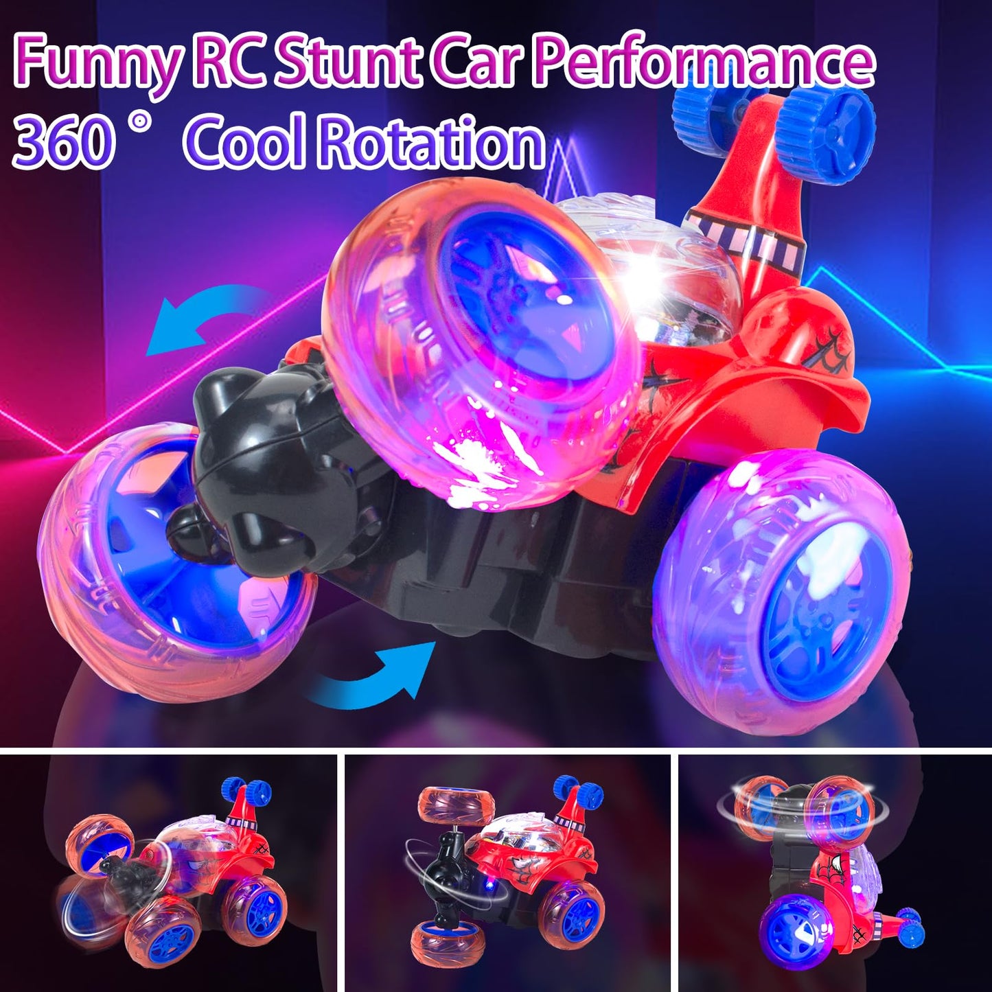 Ynanimery Spider Remote Control Car For Boys 4-7 8-12 Birthday Chritmas Gifts, Cool Stunt Rc Car Red Spider Monster Truck With 3