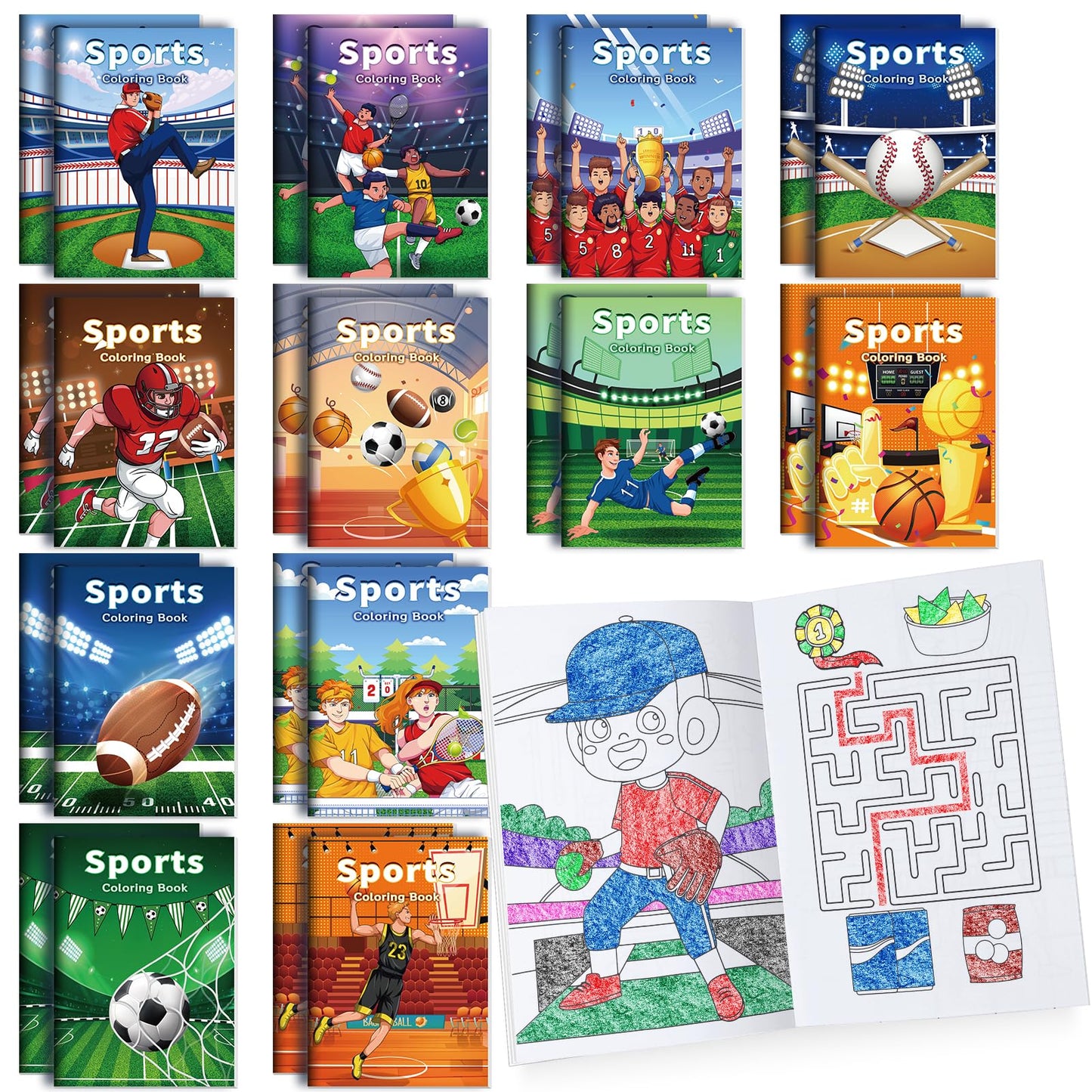 Benlouis 24 Pcs Sports Mini Coloring Books Football Basketball Soccer Baseball Birthday Party Favors Activity Books Bulk For Kid