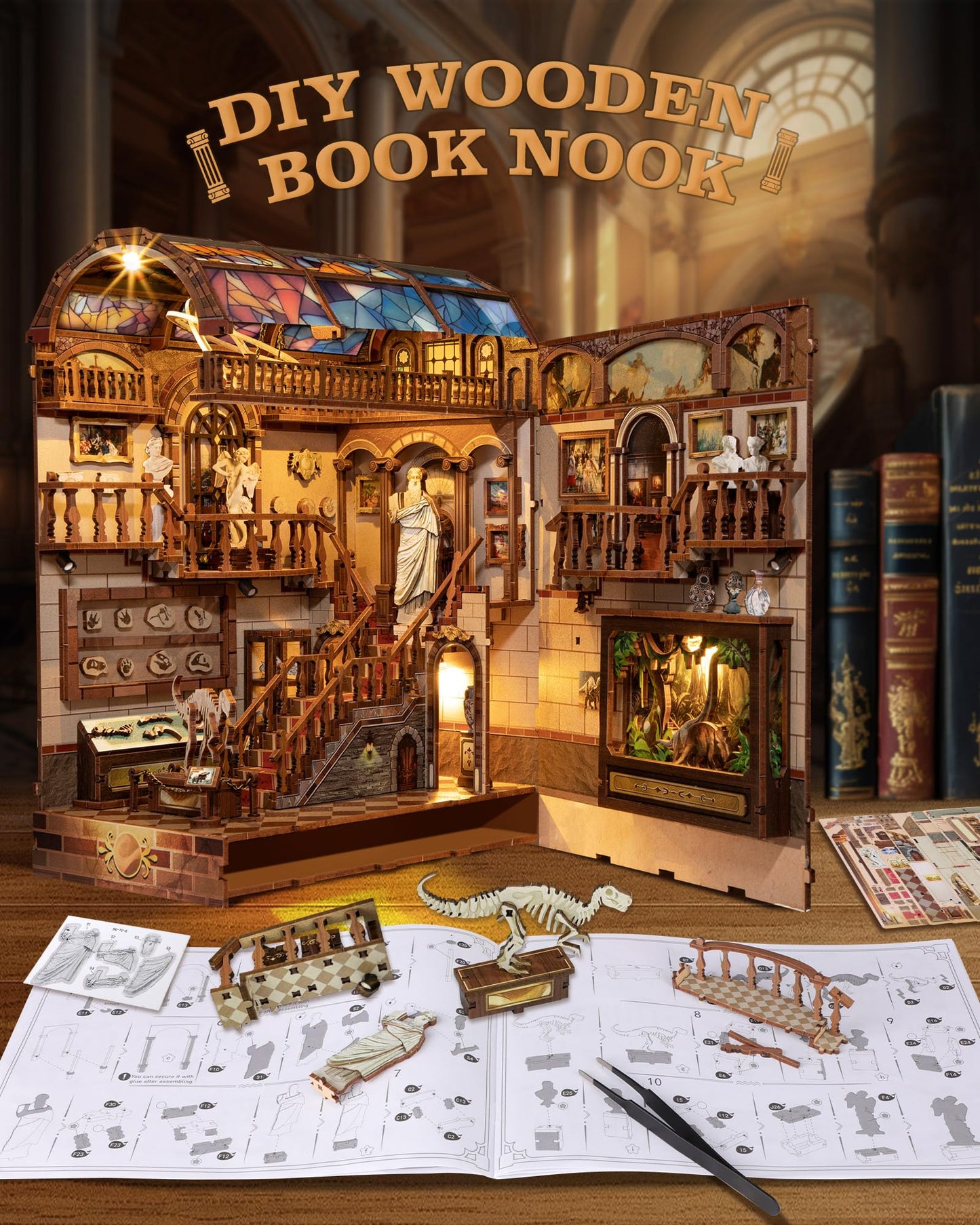 Quanquer Diy Book Nook Kit:Diy Dollhouse Booknook With Led Light - 3D Wooden Puzzle Miniature House Kits - Creative Diy Crafts For Adults - Bookshelf Insert Decor - Gifts Friends Festival(Museum)