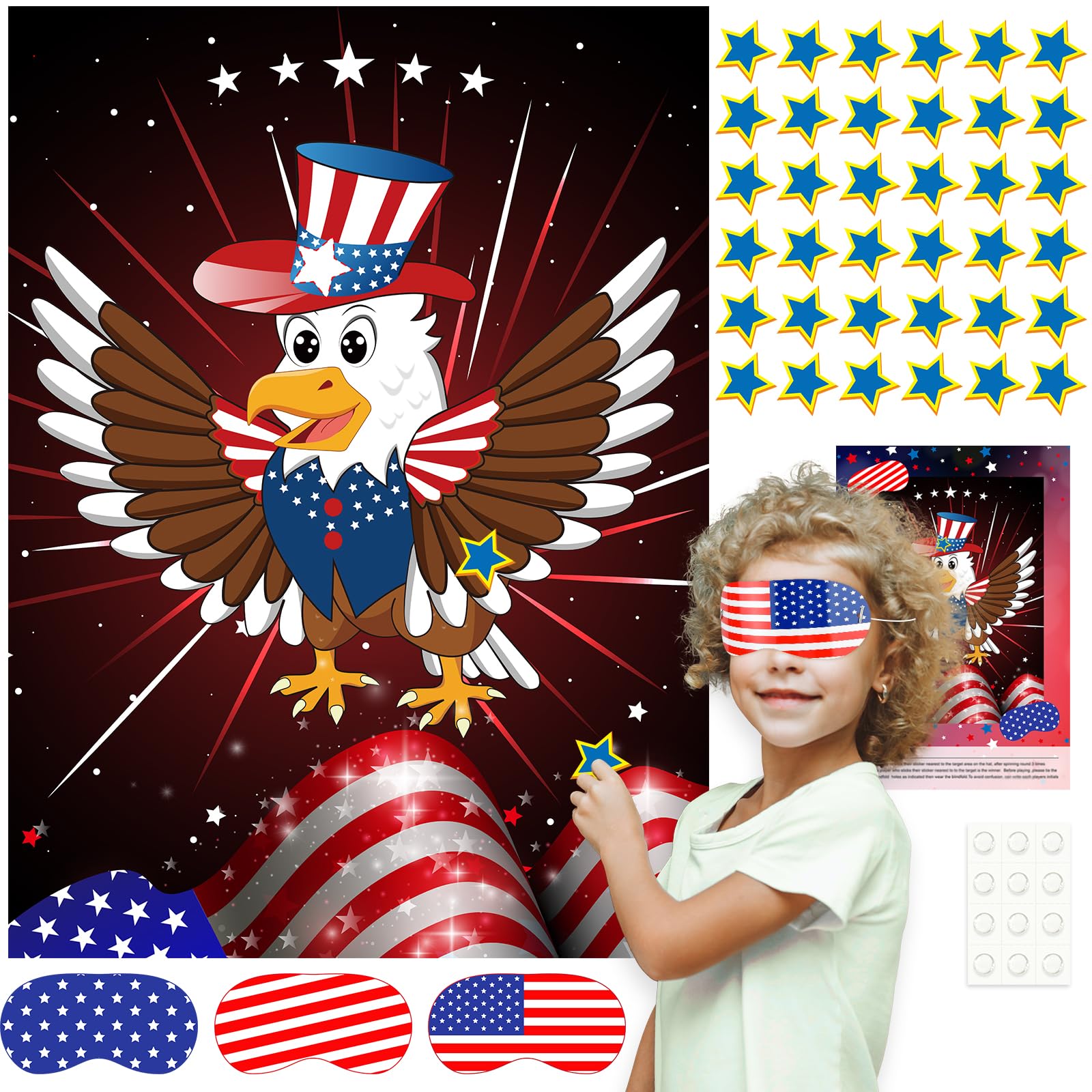 Astaron Pin The Star On The Eagle Patriotic Party Game 4Th Of July Independence Day Party Activities Game, Poster With 36 Stickers & 3 Blindfolds Independence Day Decor
