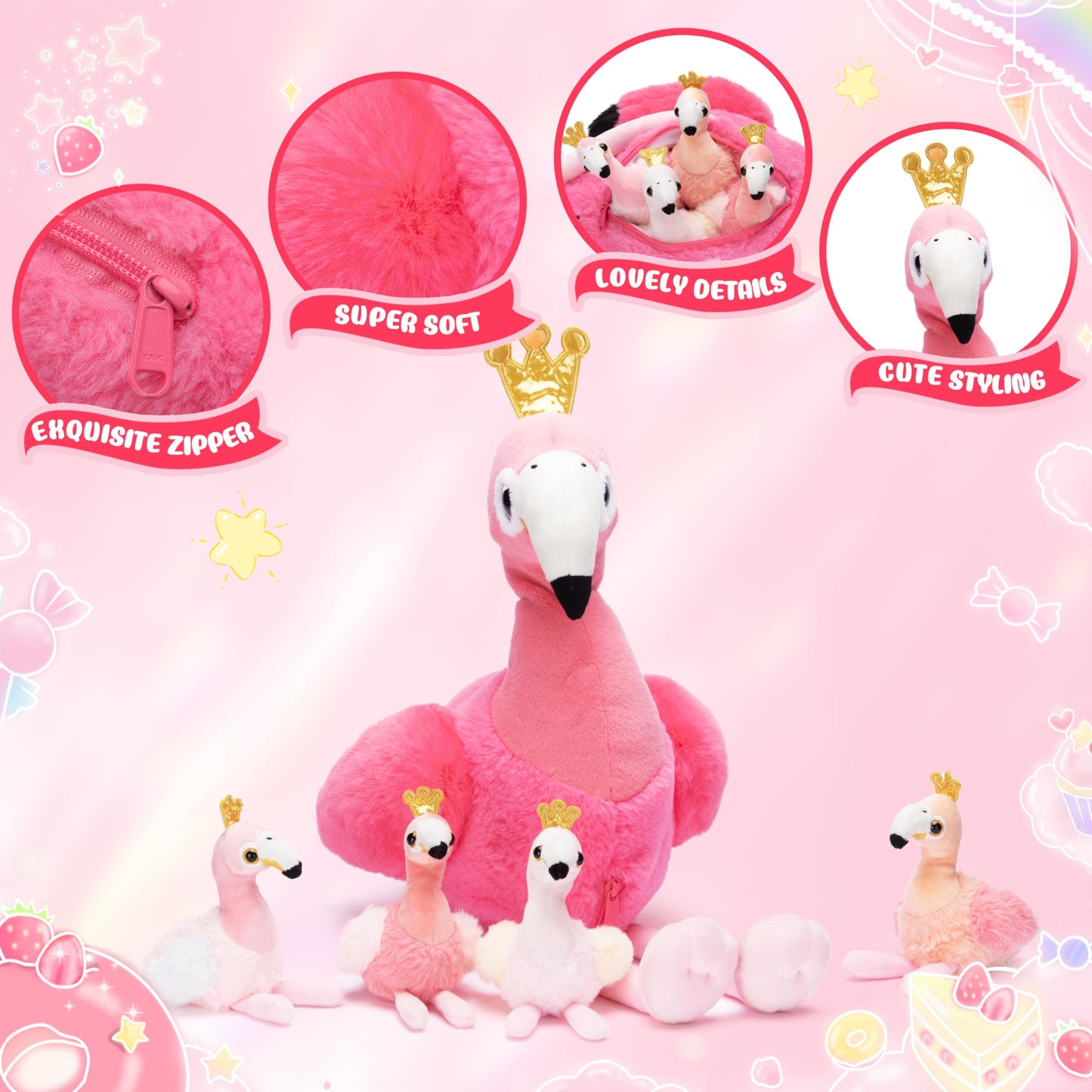 IKASA Mommy Flamingo Stuffed Animal Mom and Baby Plush Toy, Cute 24'' Soft Small Mama Family Set Cuddly Toys with Little Mini Ba