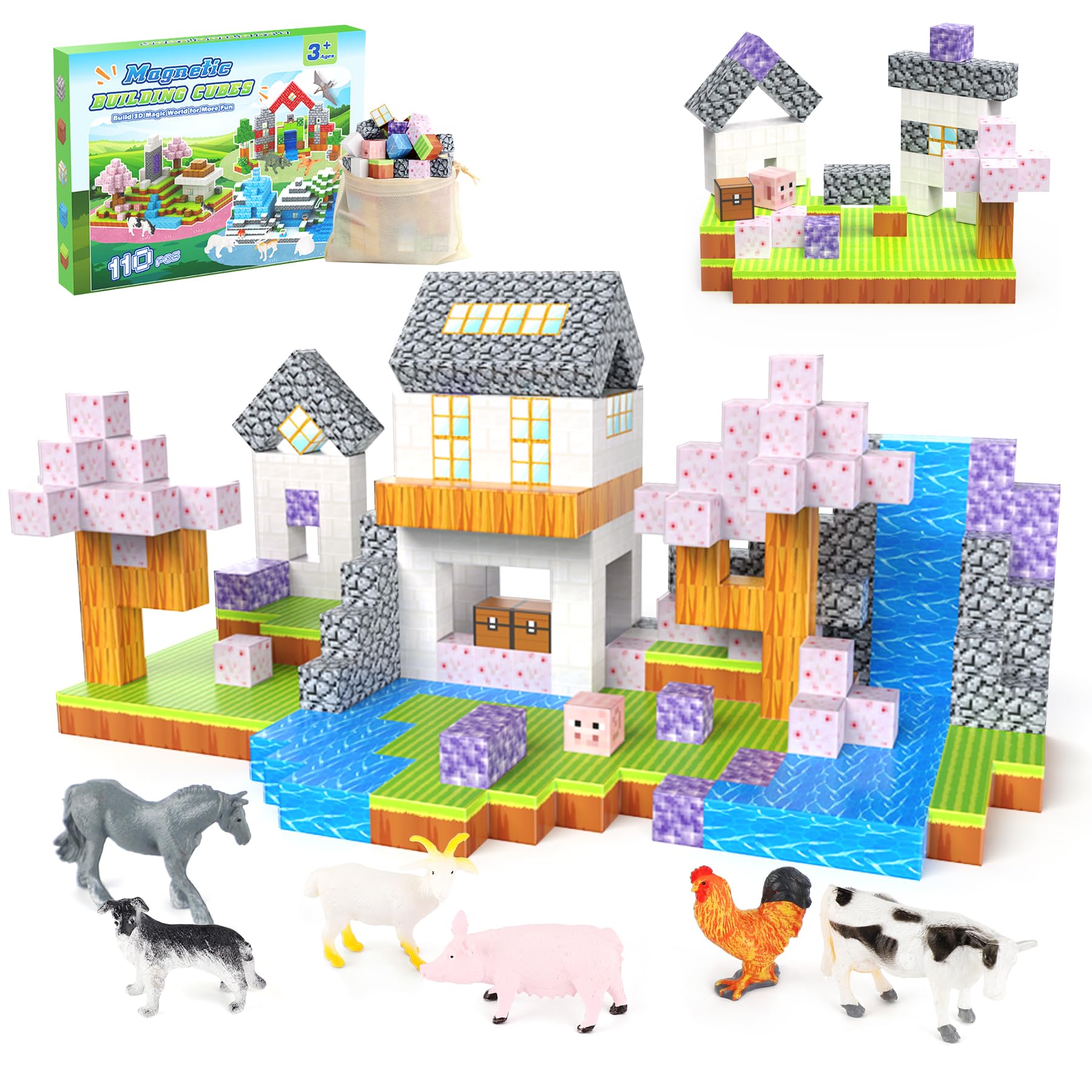 Dulsaera Magnetic Blocks 110Pcs With 6 Animal Toys, Mine Magnet World Building Blocks Set, Toys For Boys & Girls Age 4-6,6-8, St
