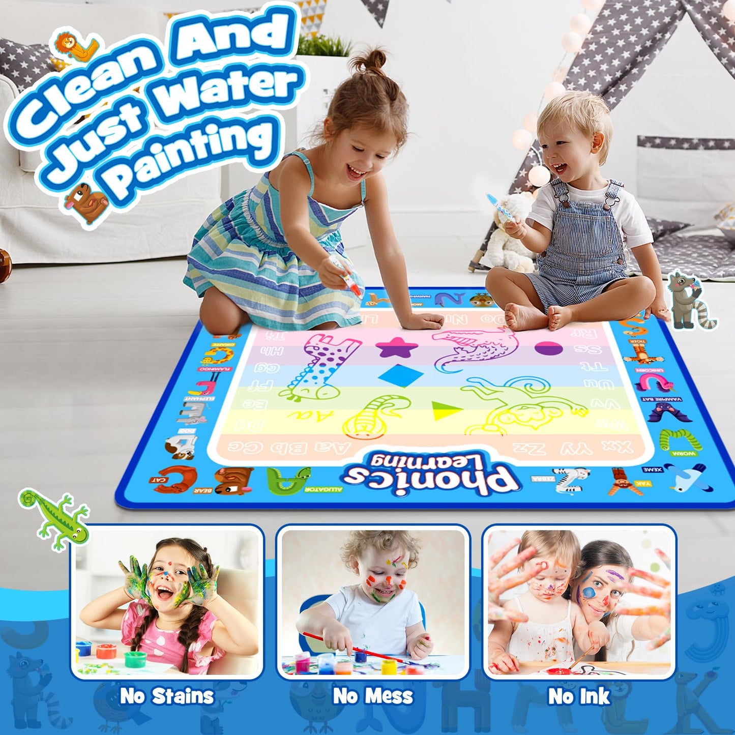 Toddler Toys For 2 3 4 5 Year Old Kids Boys Girls, Water Doodle Mat For Toddlers 2-5 Preschool Educational Learning Toys Halloween Birthday Easter Basket Stuffers Gift For 2-8 Year Old Boys Girls Blue
