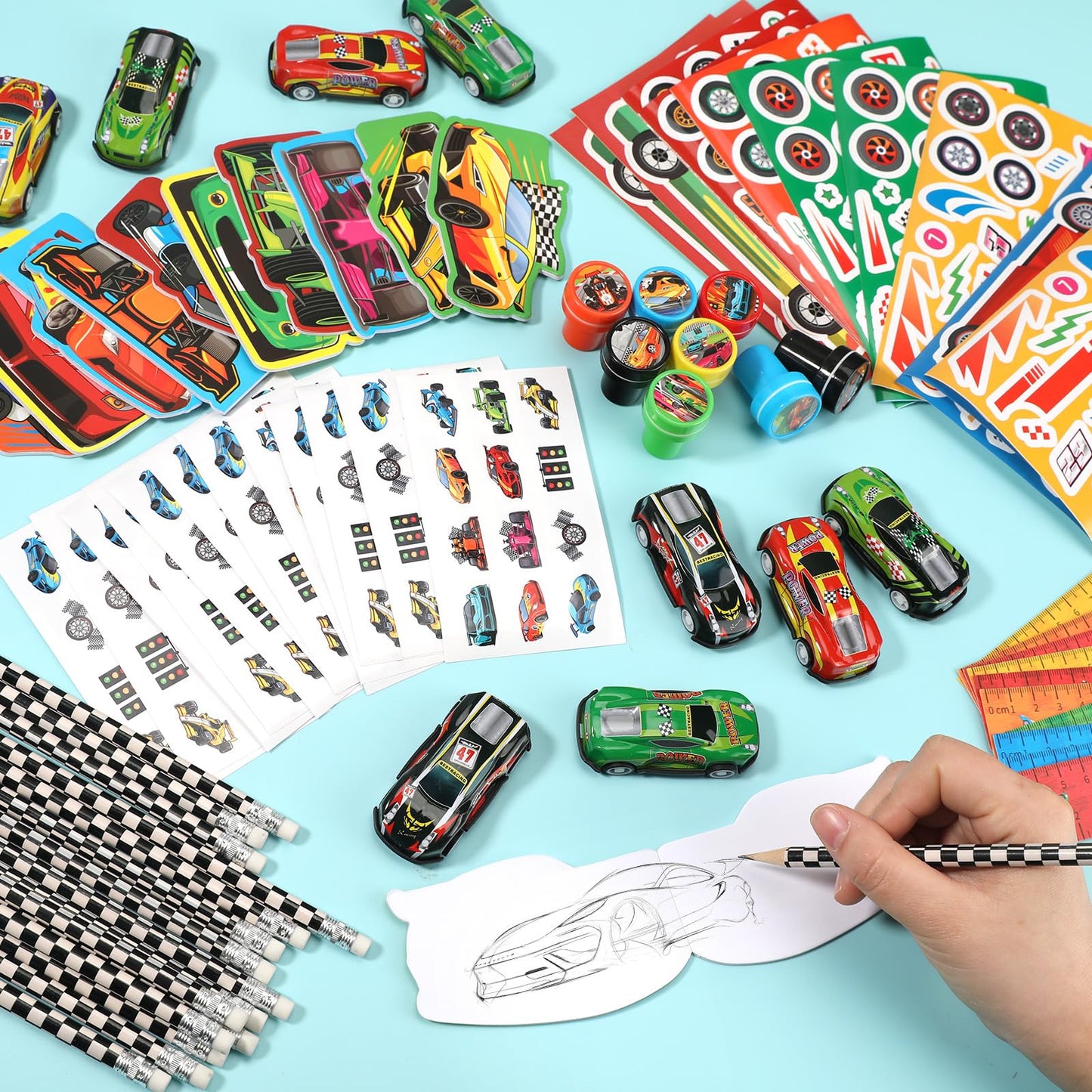 BenLouis 96Pcs Race Car Party Favors Racing Theme School Stationery Set Bulk for Kids Fast Racecar Wheel Birthday Party Goodie B