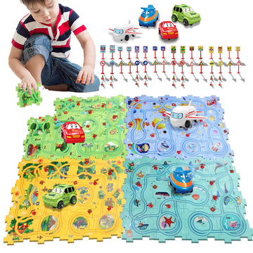 Puzzle Racer Kids Car Track Set With Cars Puzzle Racer Car Track Set For 3-8 Year Old Best Holidays&Birthday Gifts For Kids (25P