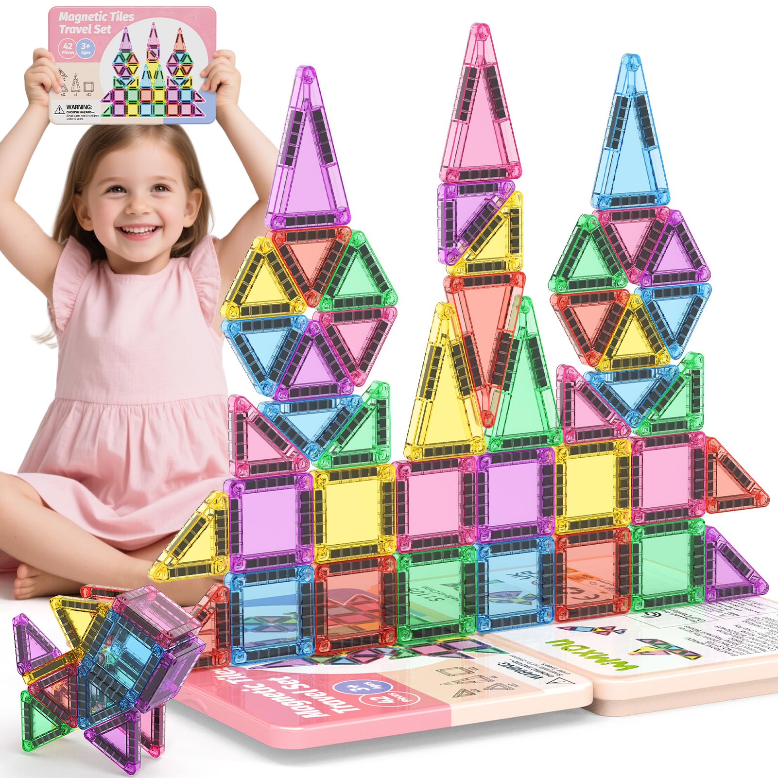 WMXDU Mini Magnetic Tiles with Iron Box, 42PCS Travel Size Magnet Building Blocks Toy Set, Protable Construction Block Toys Educ