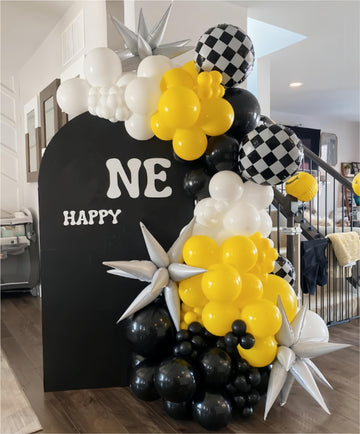 Black And Yellow White Balloon Arch Kit, 115 Pcs Race Car Birthday Party Decorations Balloons Garland, 18 Inch Checkered Mylar E