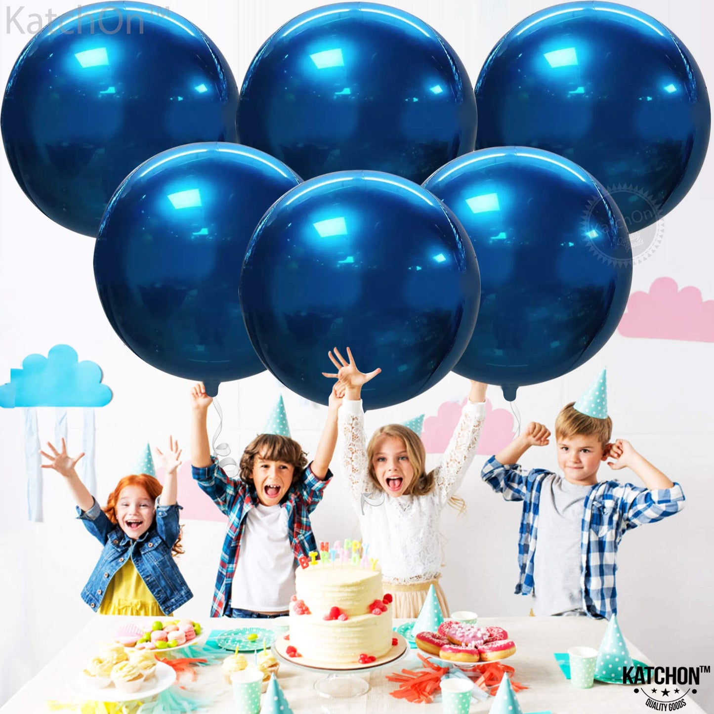 Katchon, Mylar Metallic Blue Balloons - Big 22 Inch, Pack Of 6 | Round Blueberry Balloons For Blueberry Party Decorations | Navy Blue Metallic Balloons | Blue Easter Balloons For Easter Decorations