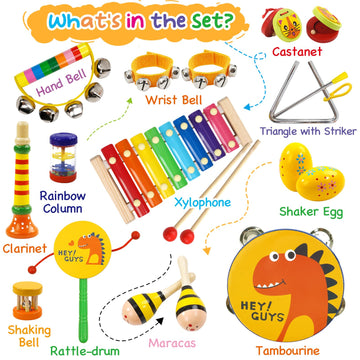 Raimy Kids Musical Instruments Set - Wooden Percussion Instruments Toy For Toddler Baby, Preschool Educational Music Toys For Boys And Girls With Carrying Bag (Yellow)