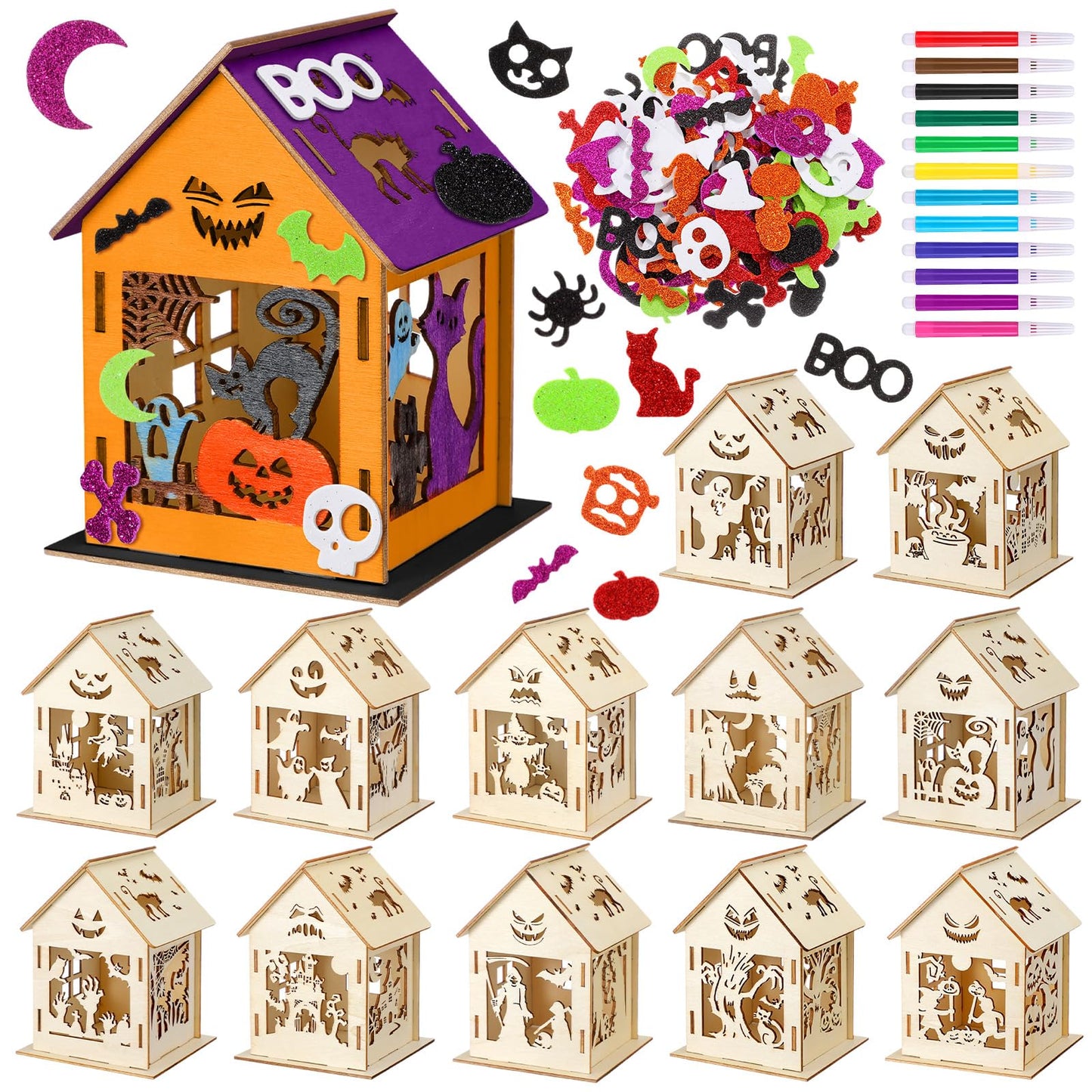 Cinnvoice 12 Sets Thanksgiving Wooden Houses Craft Harvest Graffiti Turkey House Pumpkin Maple Leave DIY Table Decor 12 DIY Unfi