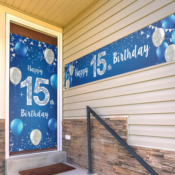 Happy 15Th Birthday Door Cover Porch Banner Sign Set - 15 Years Old Birthday Decoraions Party Supplies For Men - Blue