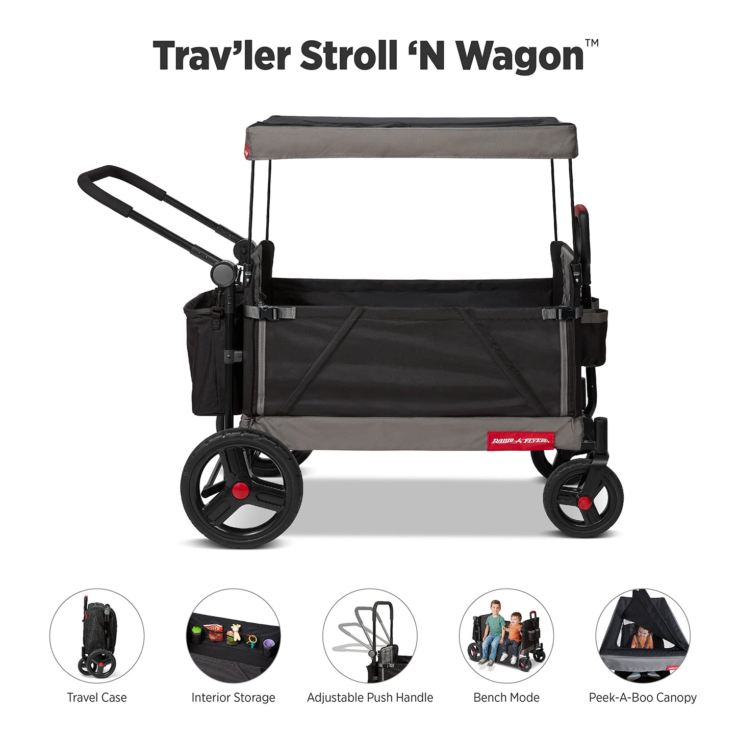 Radio Flyer Collapsible Folding Push And Pull Stroller Kids Wagon With Protective Canopy Cover And Travel Case For Ages 1 And Up, Black