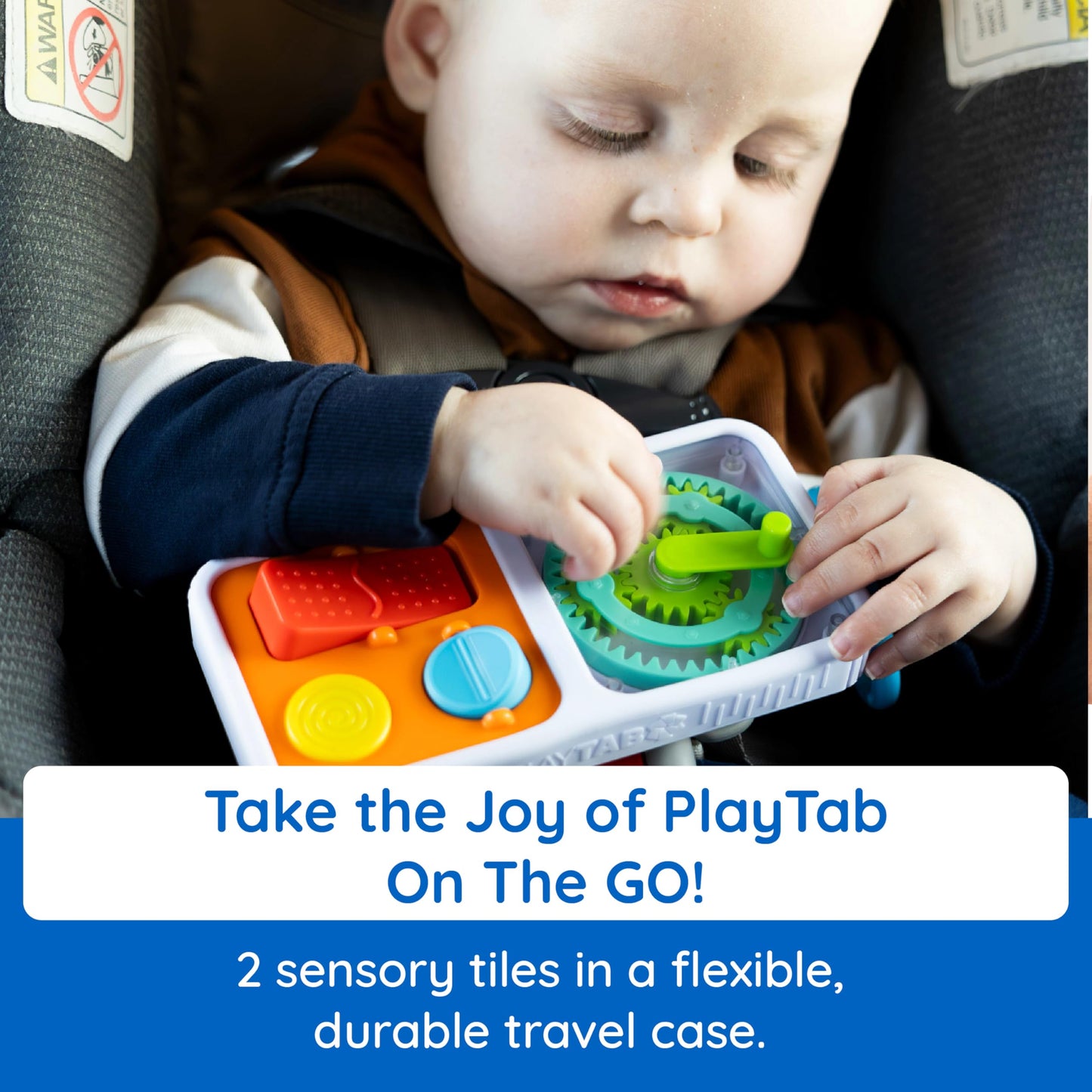 Fat Brain Toys PlayTab Go - Portable Sensory Activity Board, Blue/Green/Yellow, 9.25 x 3.25 x 0.75 inches, Ideal for Babies & Toddl