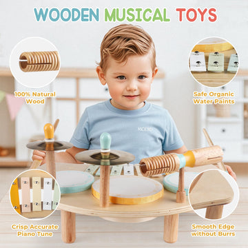 Kids Drum Set, Montessori Musical Instruments For Toddlers 1-3, Wooden Musical Toys For Baby 12-18 Months, Preschool Educational