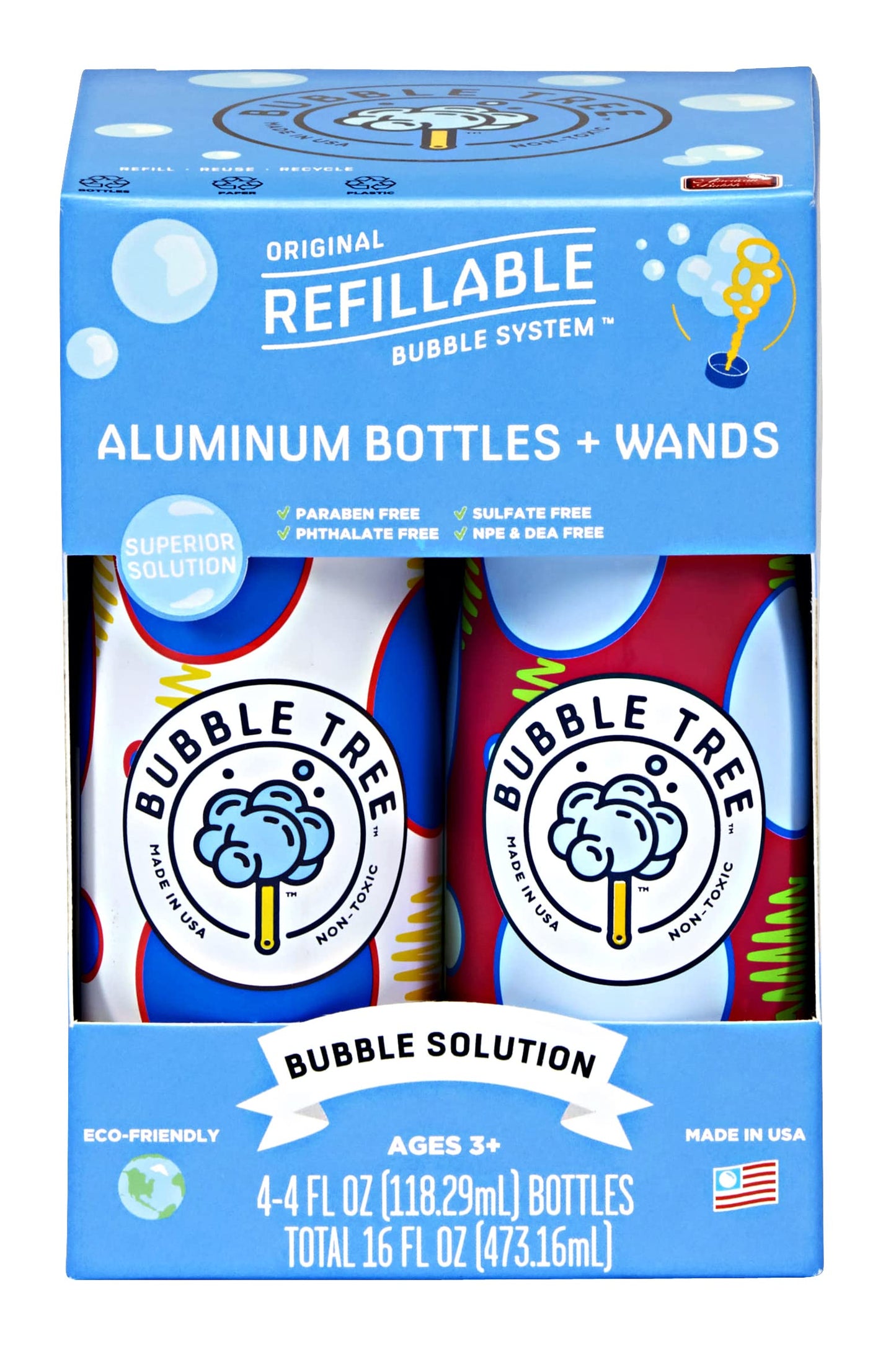 Sustainable Bubble Tree Original Refillable Bubble System Aluminum Bottles (4 Pack Of Bubble Solution Made In The Usa)