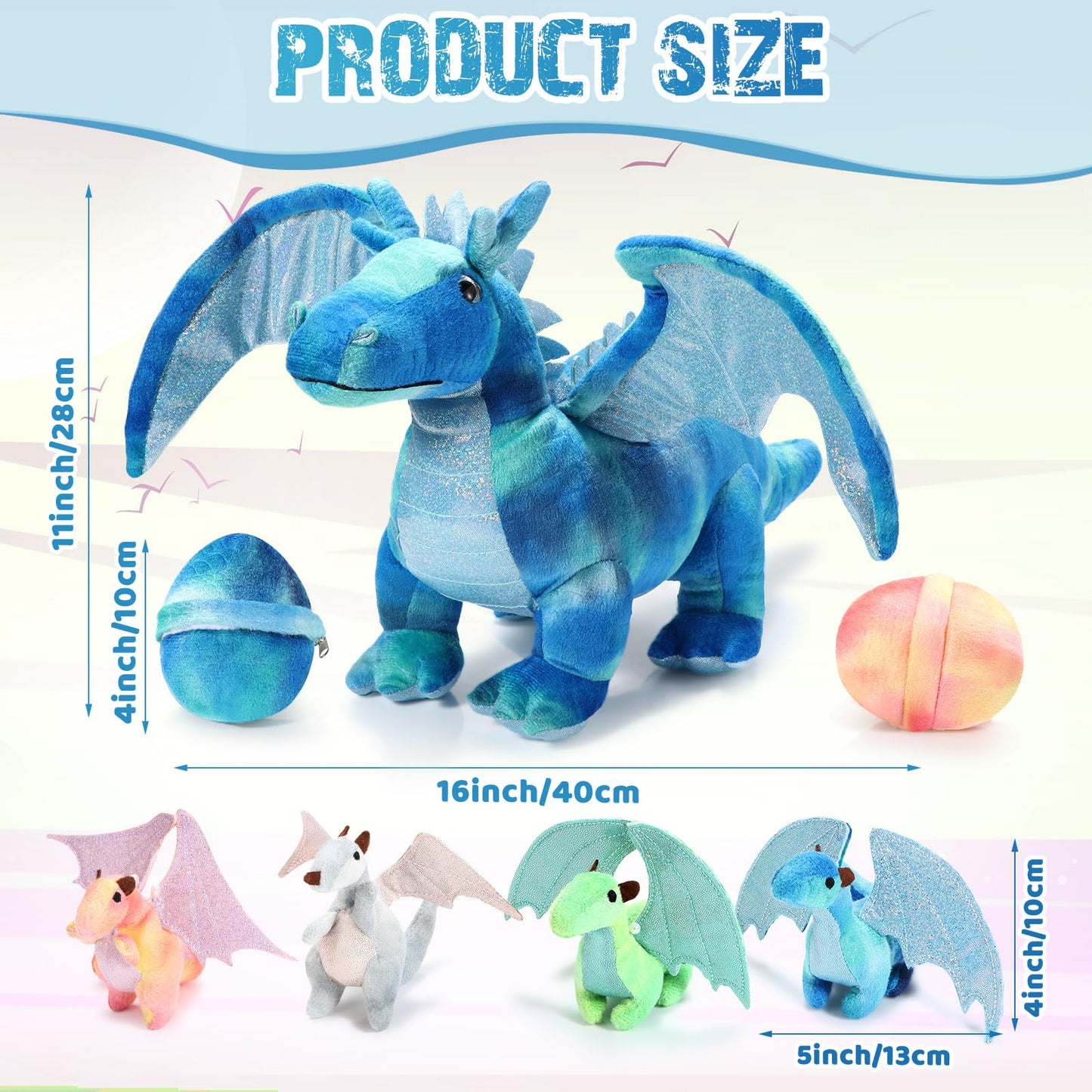 Deekin 7 Pcs Dragon Toy Set - 16 Inch Large Stuffed Animal with 4 Baby Plush & 2 Eggs - Perfect Birthday & Christmas Gift for Kids