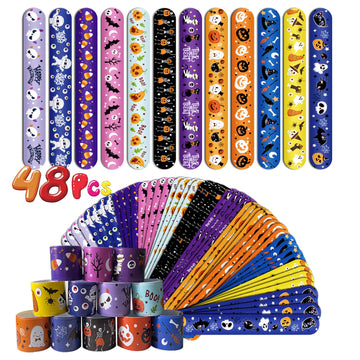 FOIMAS 48pcs Halloween Slap Bracelets,Halloween Snap Bracelet Pumpkin Witch Wristband for Kids Halloween Trick or Treat Bag Fill