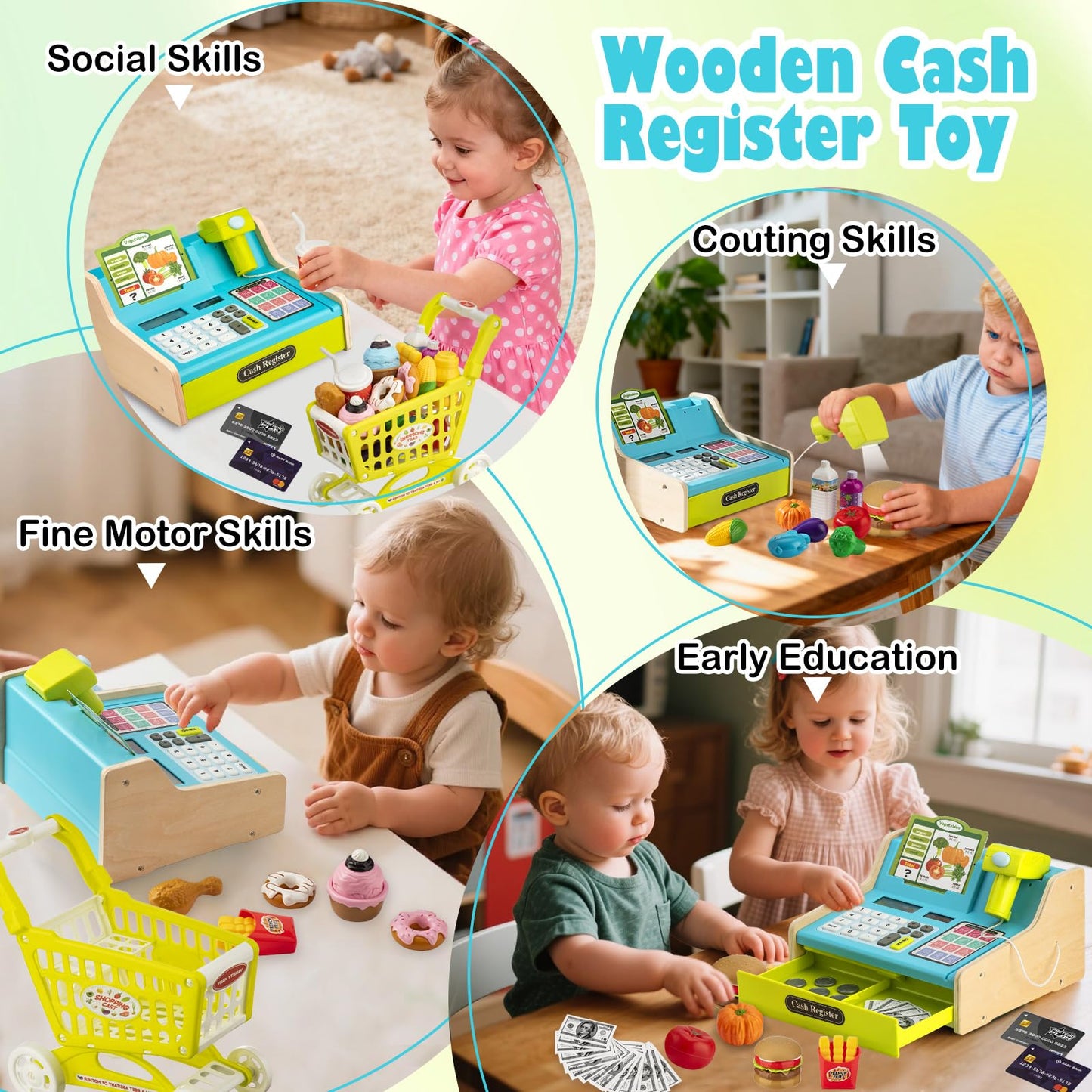 VROGTIK Wooden Cash Register for Kids, Rechargeable, Blue, Child-Size, Includes Shopping Cart and Scanner, Ages 3-12