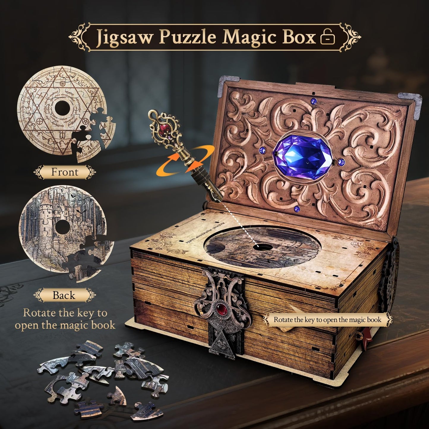 Dibetoy 3D Wooden Puzzles for mature-themeds DIY Book Nook Kit Mechanical Treasure Puzzle Trading Card Storage Box with Lock 3 in 1 DIY Building Mechanical Model Kit for Hobby Enthusiasts