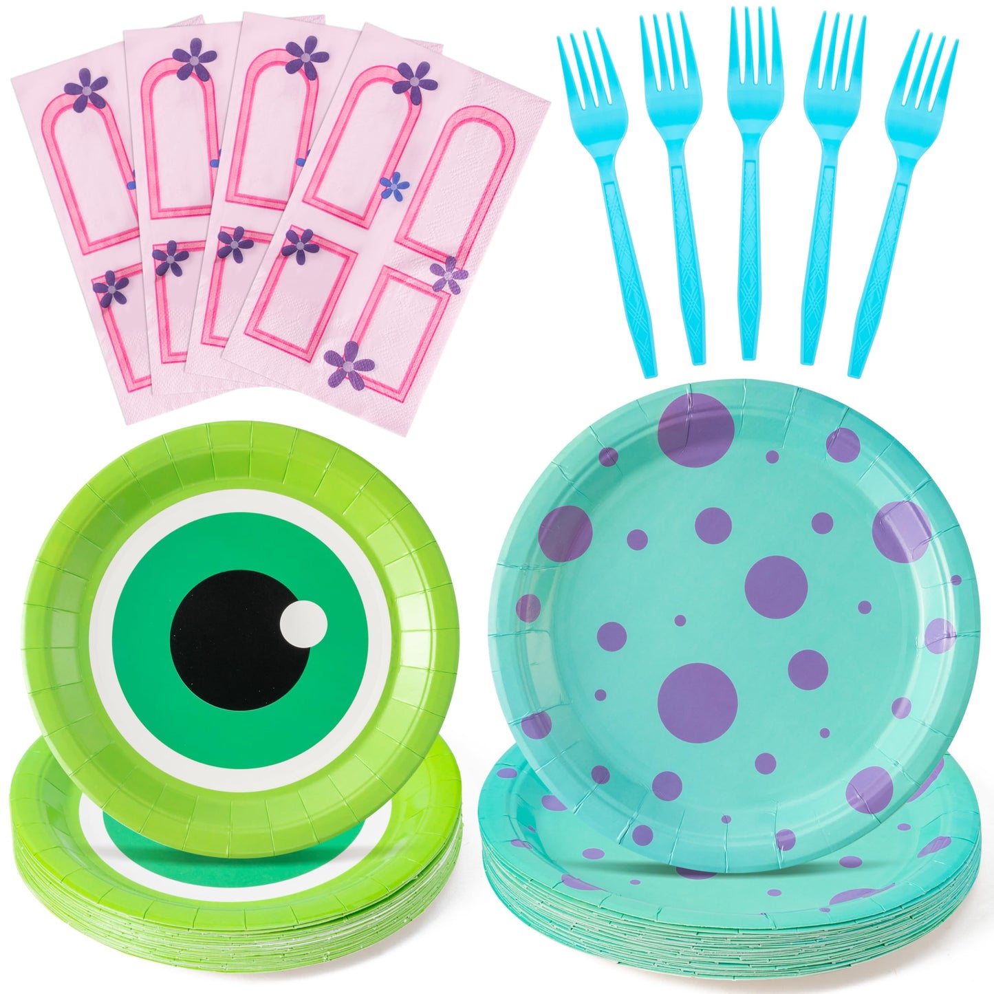 Andi Cppss Monster Birthday Party Supplies - 96pcs Paper Plates Napkins Plastic Forks Kids Girl Boy Little Birthday Party Table 