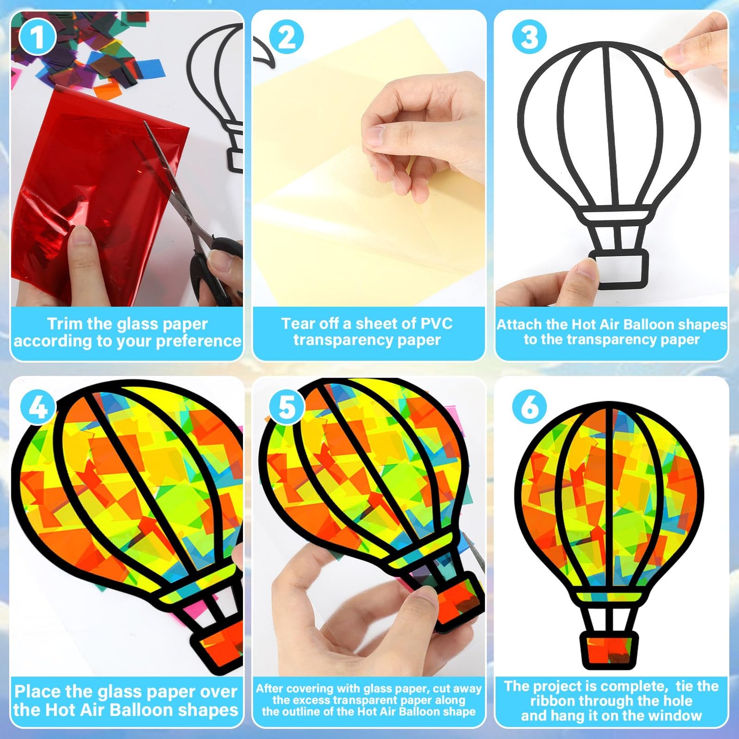QOUBAI 32 Sets Air Balloons Suncatchers Craft Kit DIY Window Stained Glass Effect Hot Air Balloons VBS Paper Craft Home School C