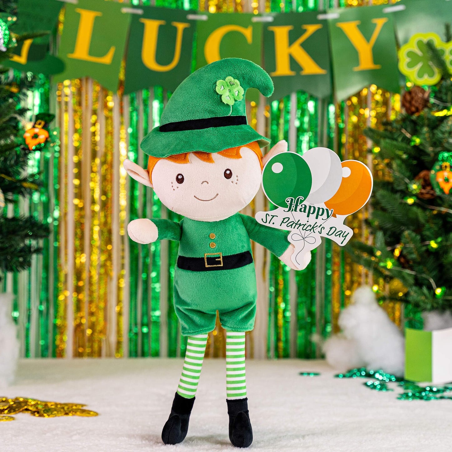 Gloveleya Plush Dolls Saint Patrick'S Day Gifts Soft Blessings Doll Shamrock Wishes Plush Elf Baby Gifts For Boy 16'' Green