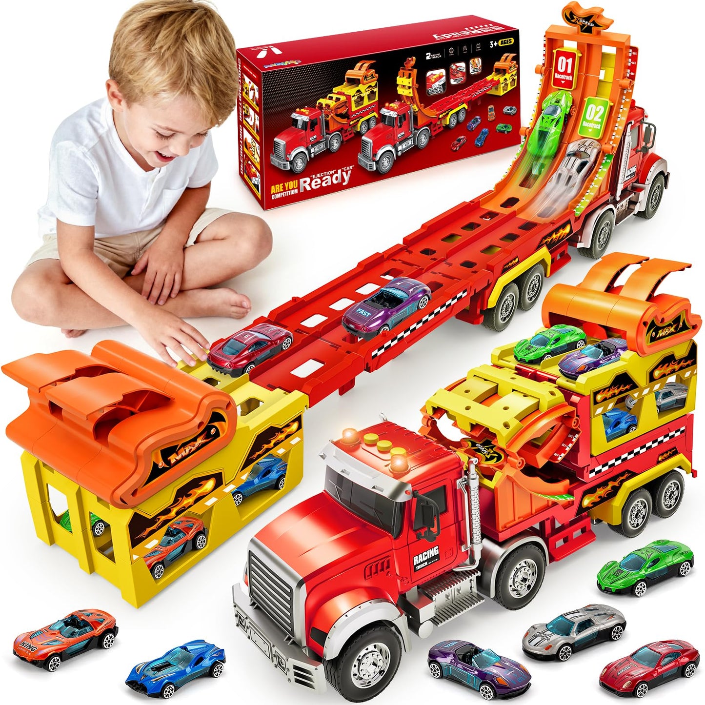 Kids Toys for 3 4 5 6 7 8 Years Old Boys, Carrier Truck Transport Car with Lights Sounds, Foldable Layer Car Race Track Playset 