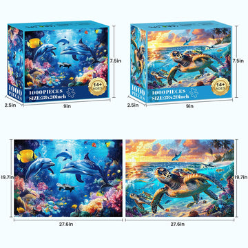 2 Pack Puzzles for mature-themeds 1000 Pieces-Sea Turtle & Dolphins Difficult Jigsaw Puzzles for mature-themeds Hard Jigsaw Puzzle Decorations DIY Leisure Game Toy Suitable Family Friends(27.5x20 inches)